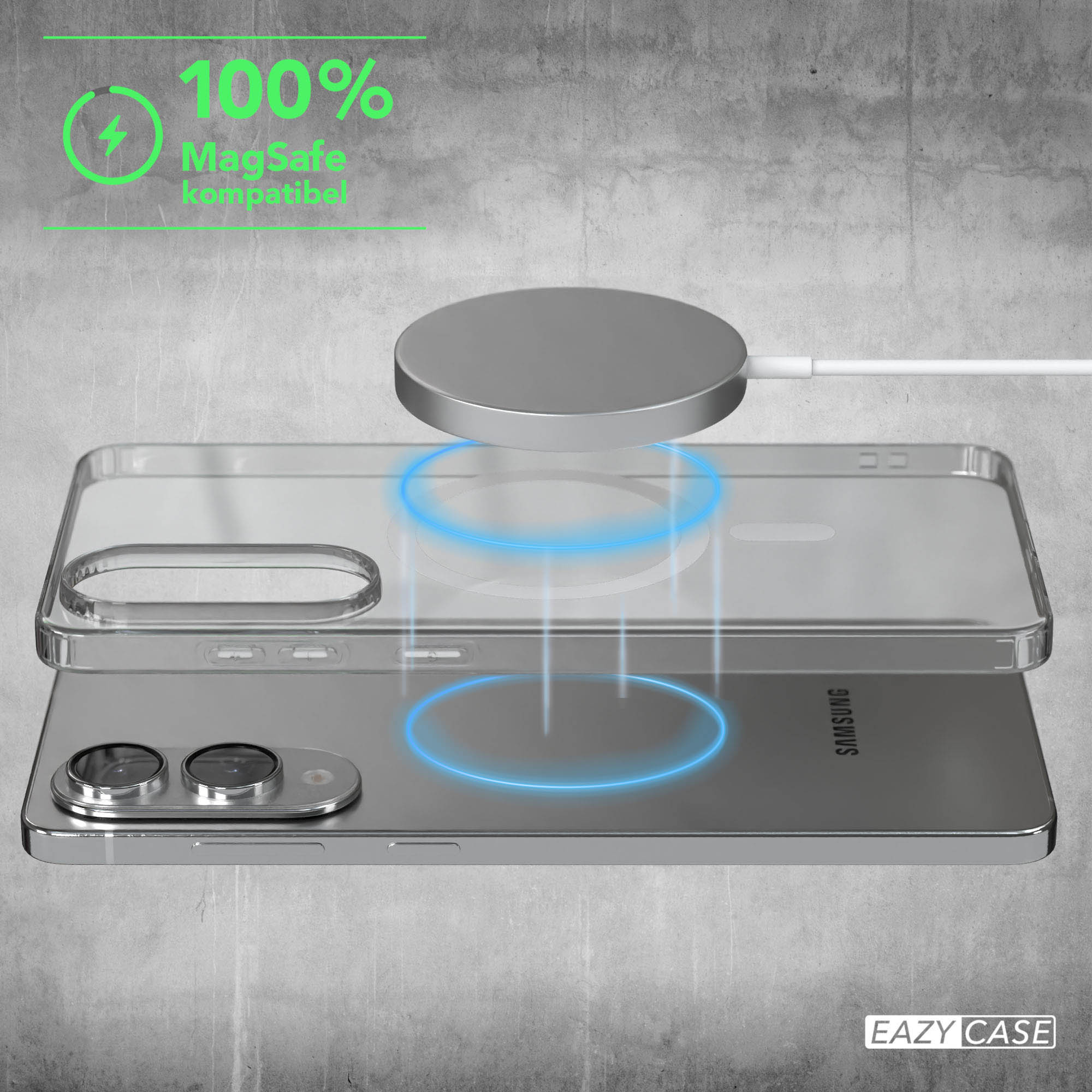 Ein Telefon mit transparenter Hülle, einem Ladegerät und einem grünen 100 % MagSafe-kompatiblen Schild.