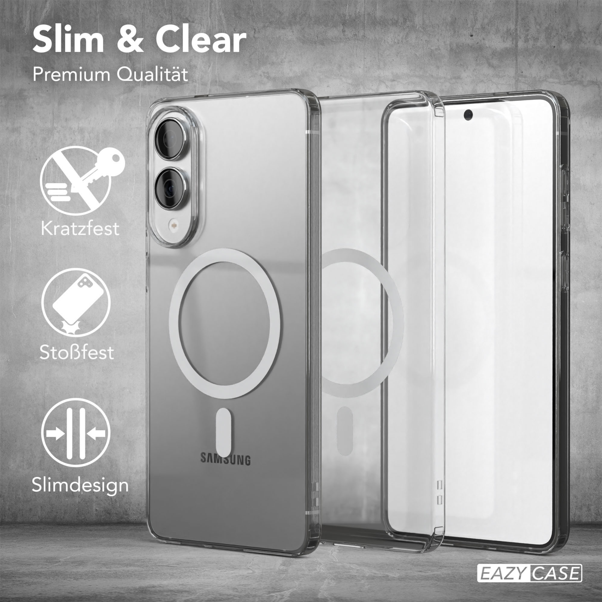 Transparente Handyhülle mit Telefon. Die Hülle hat einen Magnetring und ist mit 'SAMSUNG' beschriftet. Der Hintergrund ist grau.