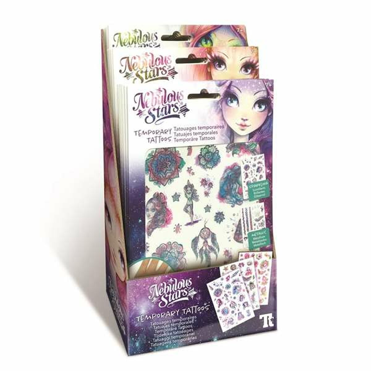 Eine Displaybox mit temporären Nebulous Stars Tattoos. Die Box zeigt Bilder von Mädchen und verschiedenen Tattoo-Designs. Die Box ist lila und weiß.
