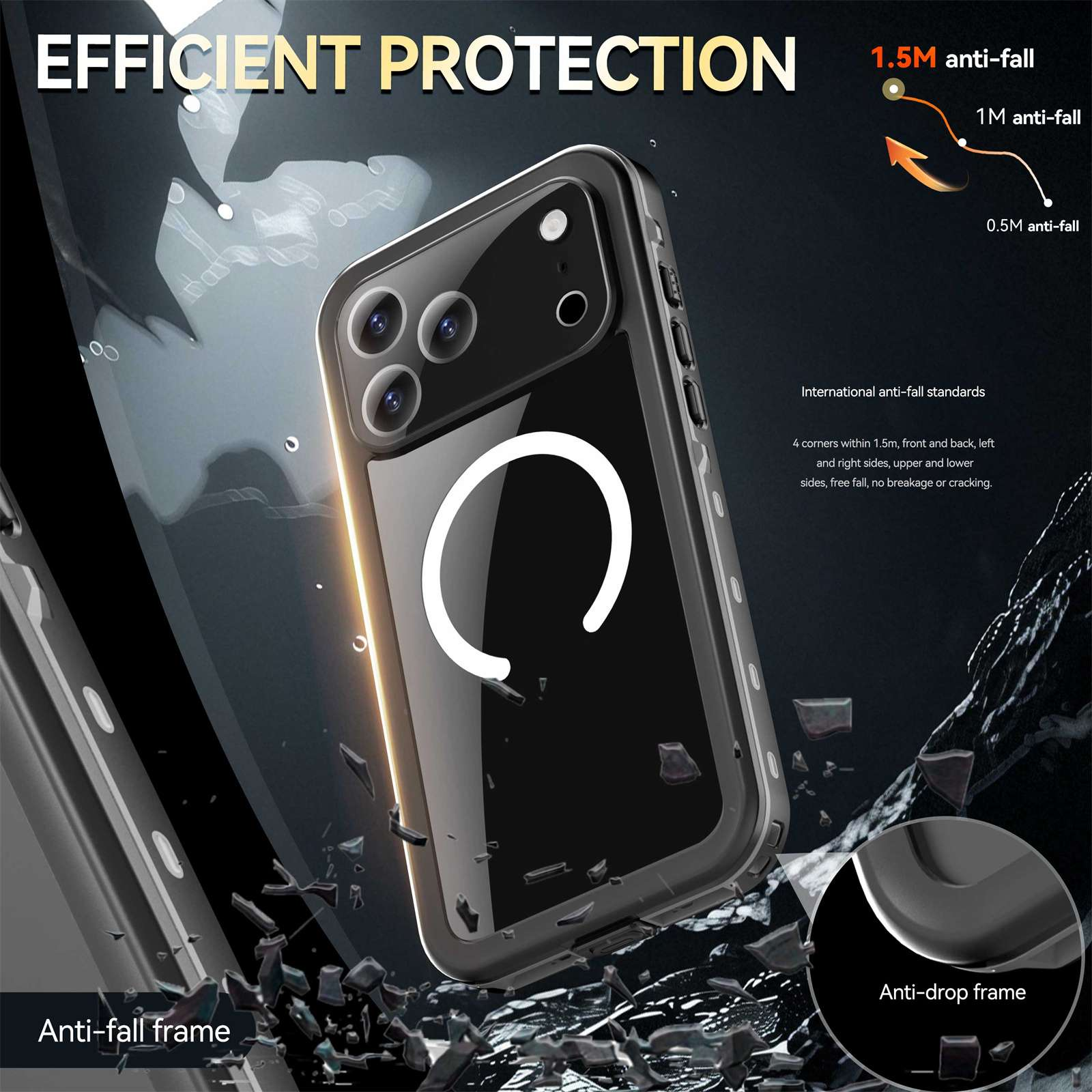 Eine Handyhülle mit schwarzem Innenraum und einem weißen Kreis. Der Text lautet 'EFFICIENT PROTECTION' und 'anti-fall'.