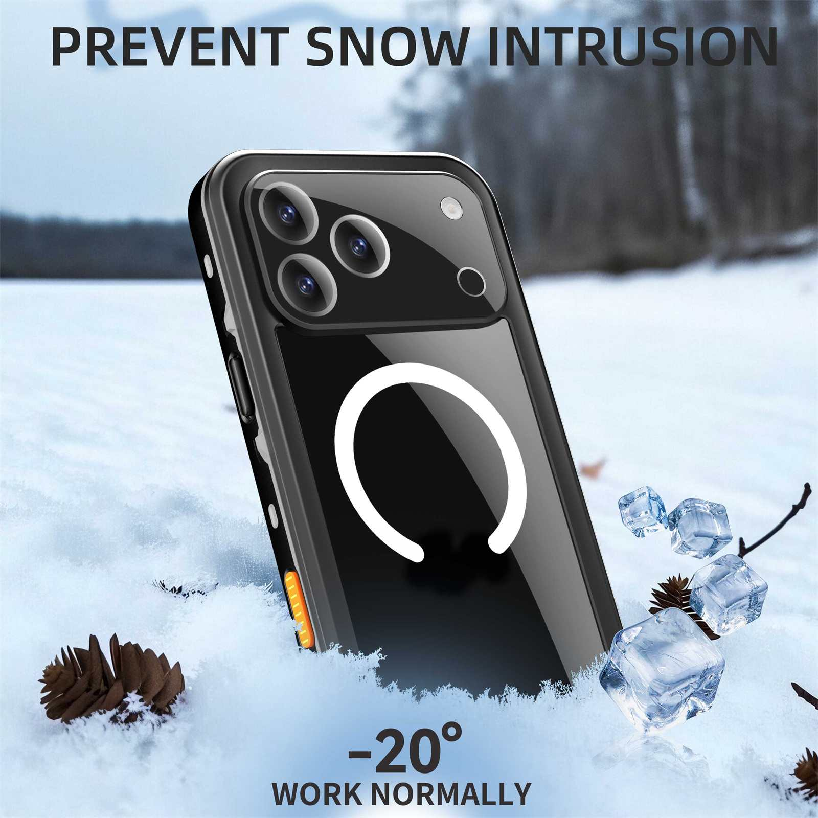 Schwarze Handyhülle auf Schnee, Eiswürfel und einen Tannenzapfen. Text: Schnee eindringen verhindern, -20° normal arbeiten.
