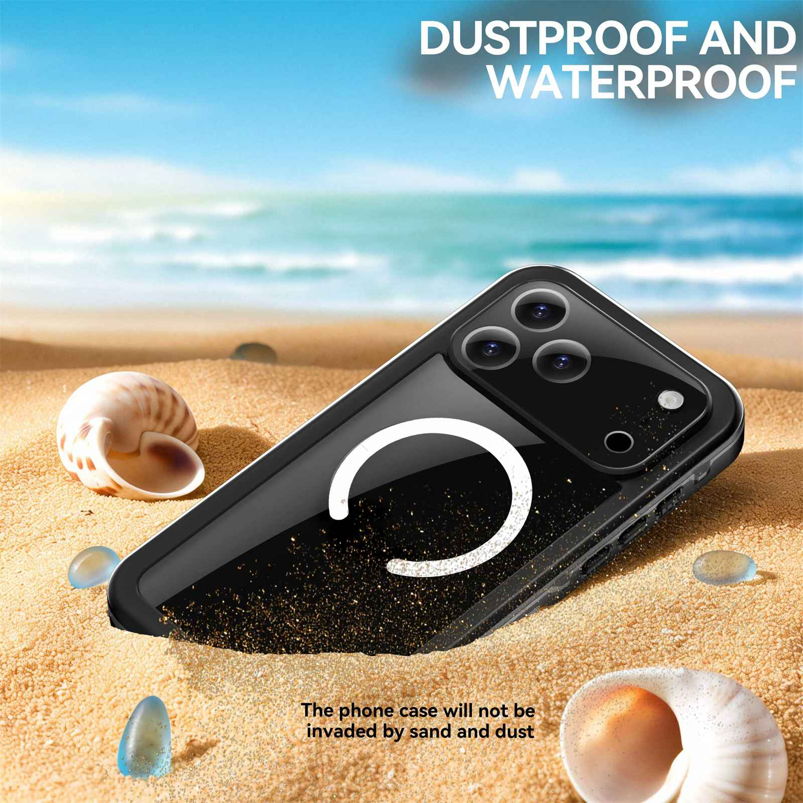 Eine Handyhülle auf Sand mit Muscheln. Die Hülle ist schwarz und hat einen weißen Kreis. Der Hintergrund ist der Strand.
