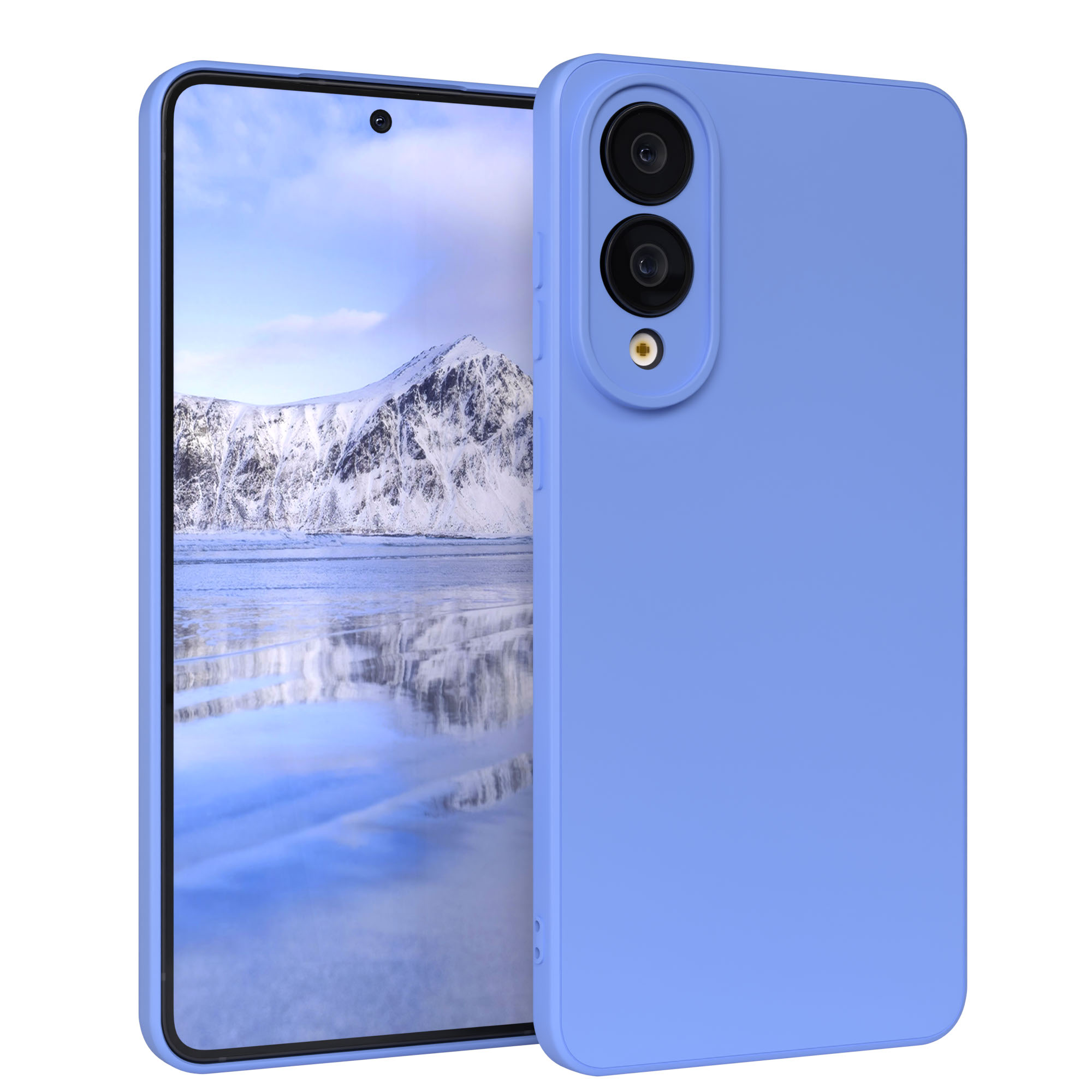 Eine blaue Handyhülle mit einem Smartphone, das eine schneebedeckte Berglandschaft zeigt. Das Telefon hat drei Kameras.
