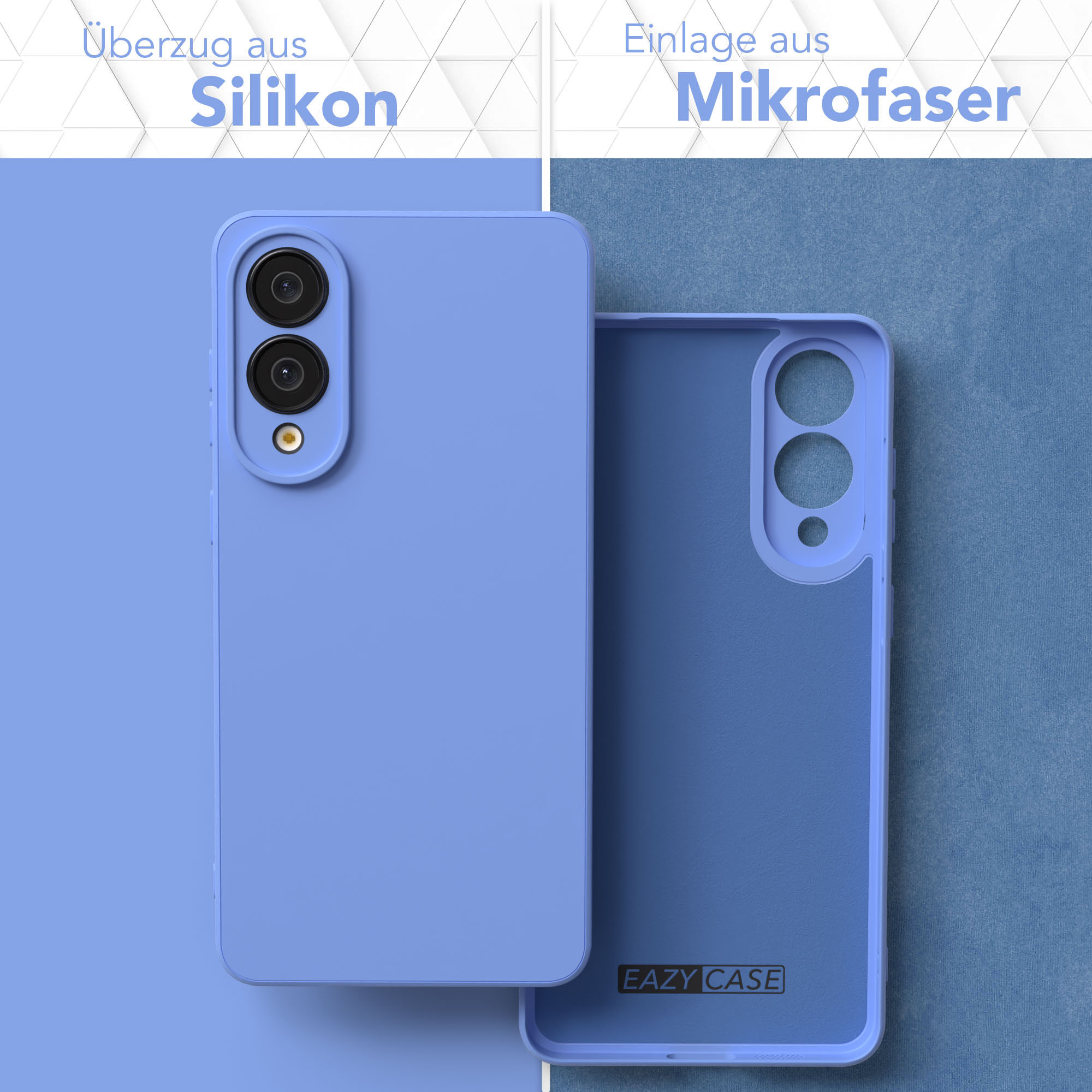 Zwei Handyhüllen, eine lavendelfarben, die andere blau innen. Text lautet 'Silikon' und 'Mikrofaser'.