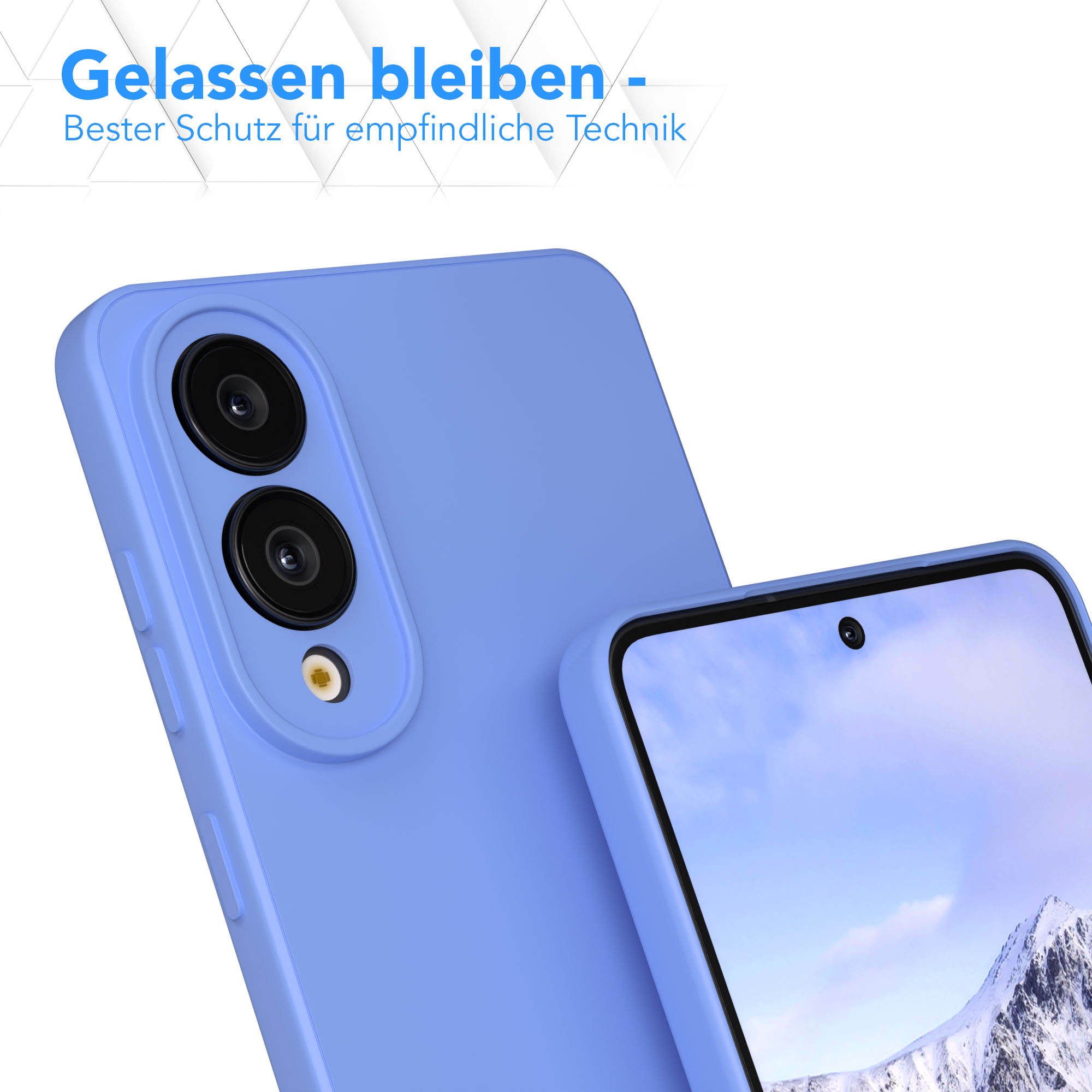Nahaufnahme einer blauen Handyhülle mit einem Telefon. Der Bildschirm zeigt eine Berglandschaft.