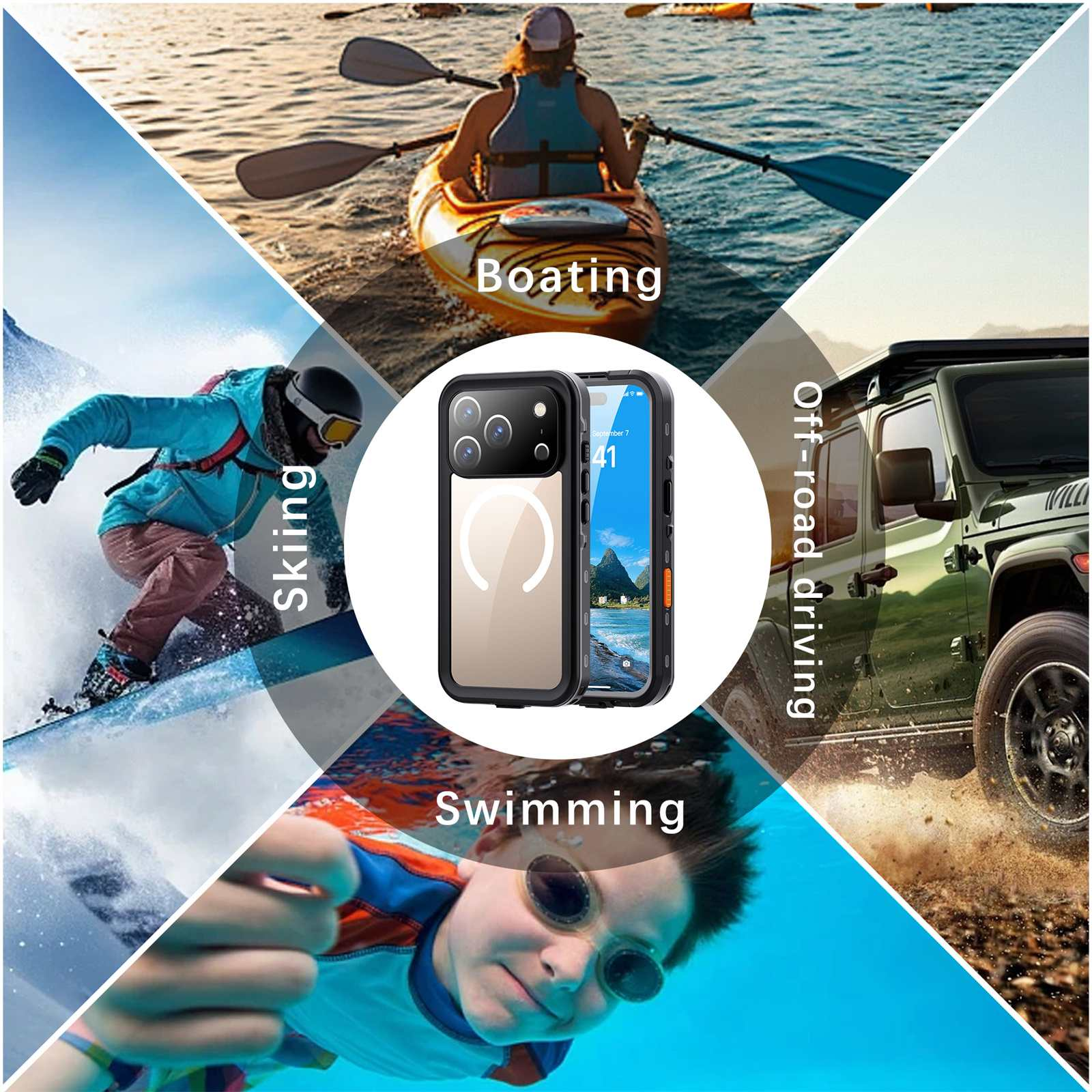 Das Bild zeigt Aktivitäten: Bootfahren, Skifahren, Offroad-Fahren und Schwimmen, mit einer Handyhülle in der Mitte.