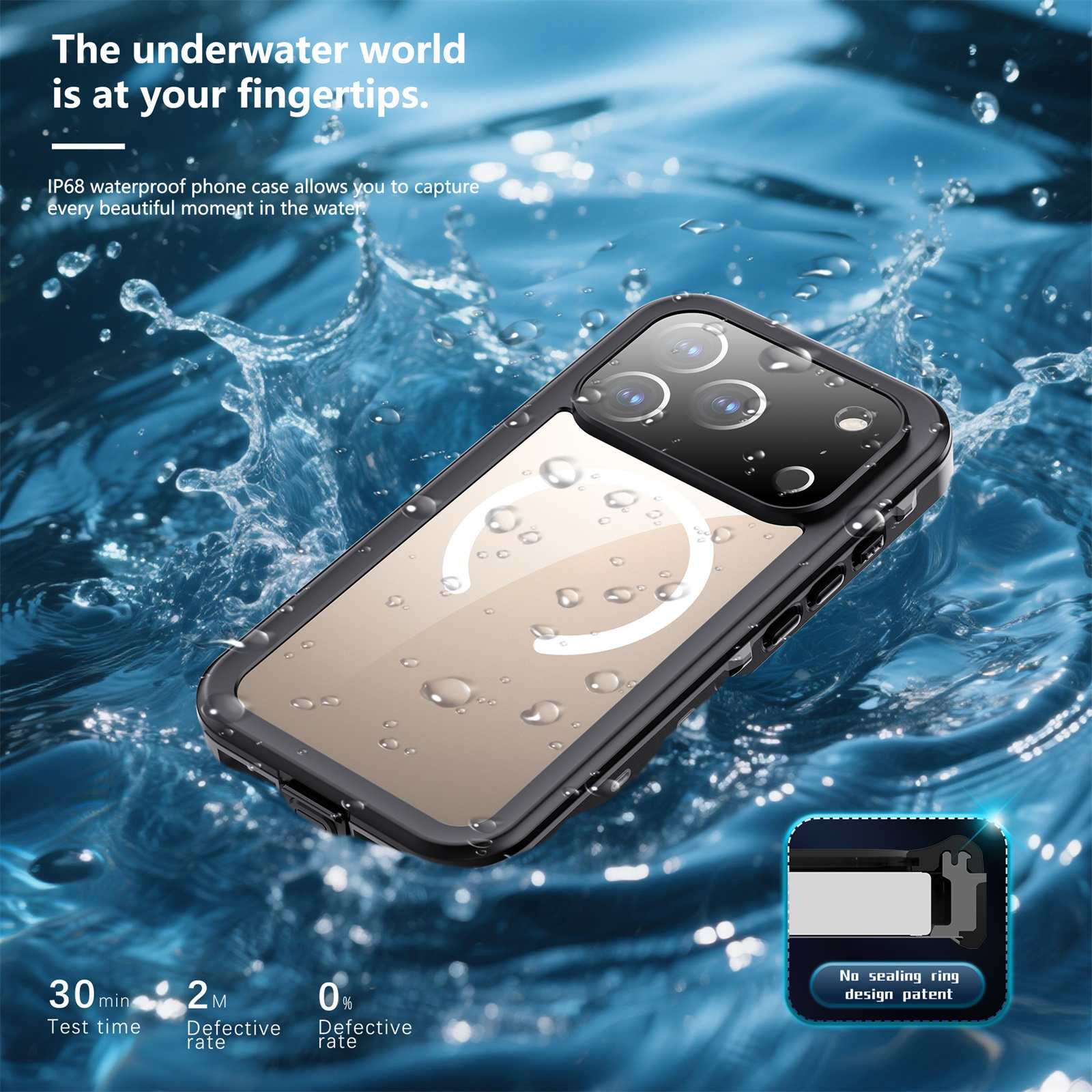 Eine schwarze, wasserdichte Handyhülle im Wasser. Tropfen und Spritzer umgeben das Telefon und zeigen die Unterwasserfähigkeiten.