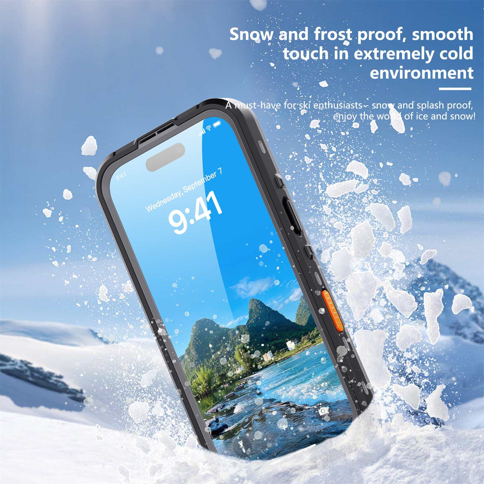 Ein Telefon in einer Hülle wird im Schnee gezeigt. Der Bildschirm zeigt eine Bergansicht mit der Uhrzeit 9:41. Text: Schnee- und Frostschutz.
