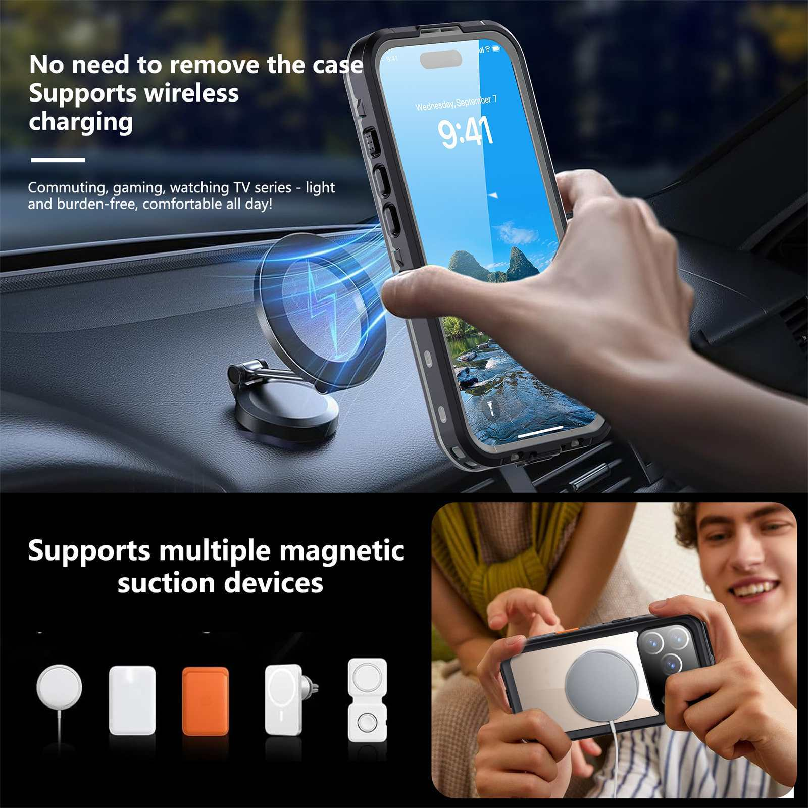 Ein Telefon in einer Hülle wird über einem magnetischen Ladepad im Auto gehalten. Der Bildschirm zeigt eine Landschaft.