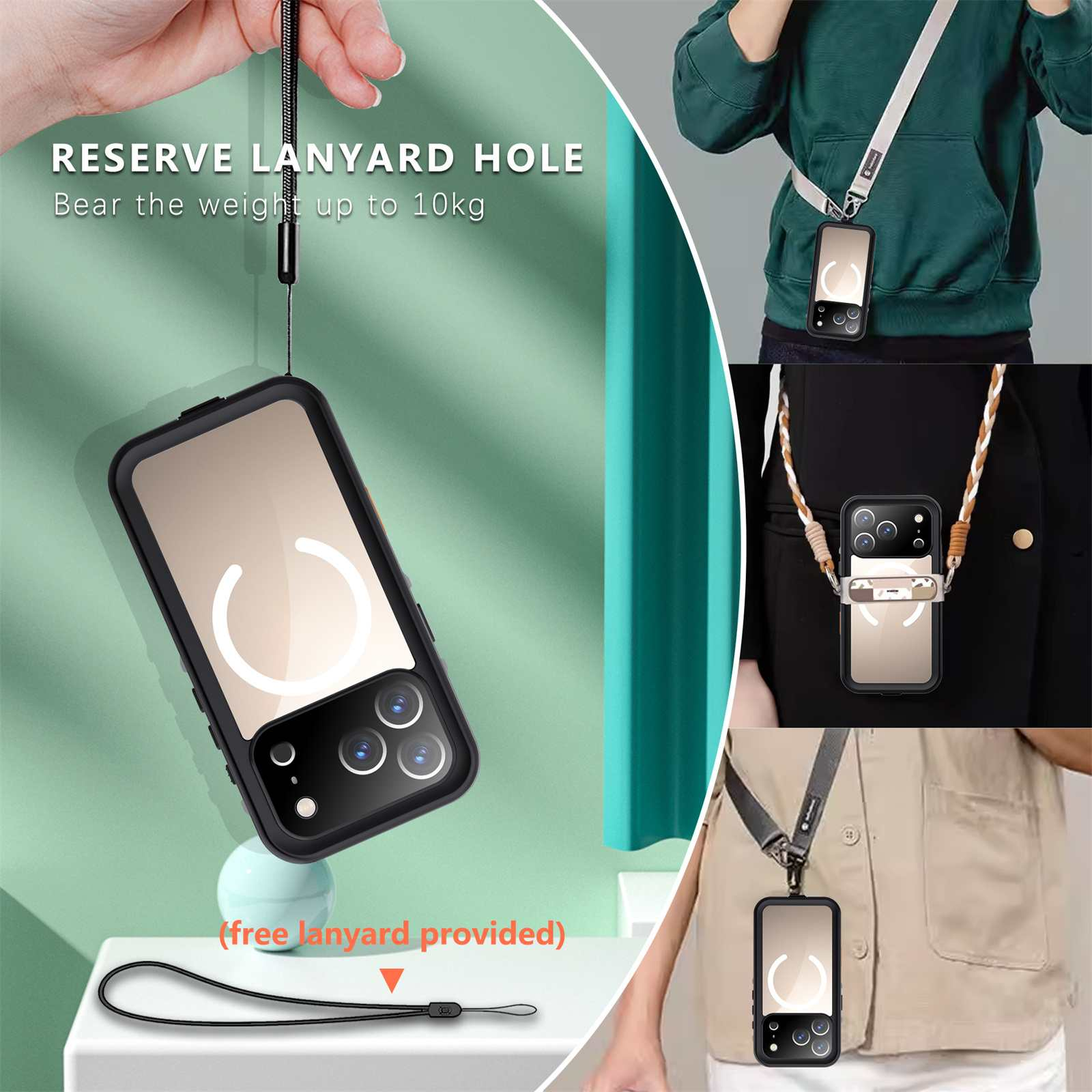 Eine Telefonhülle mit Lanyard. Das Bild zeigt die Telefonhülle in Kombination mit verschiedenen Outfits.