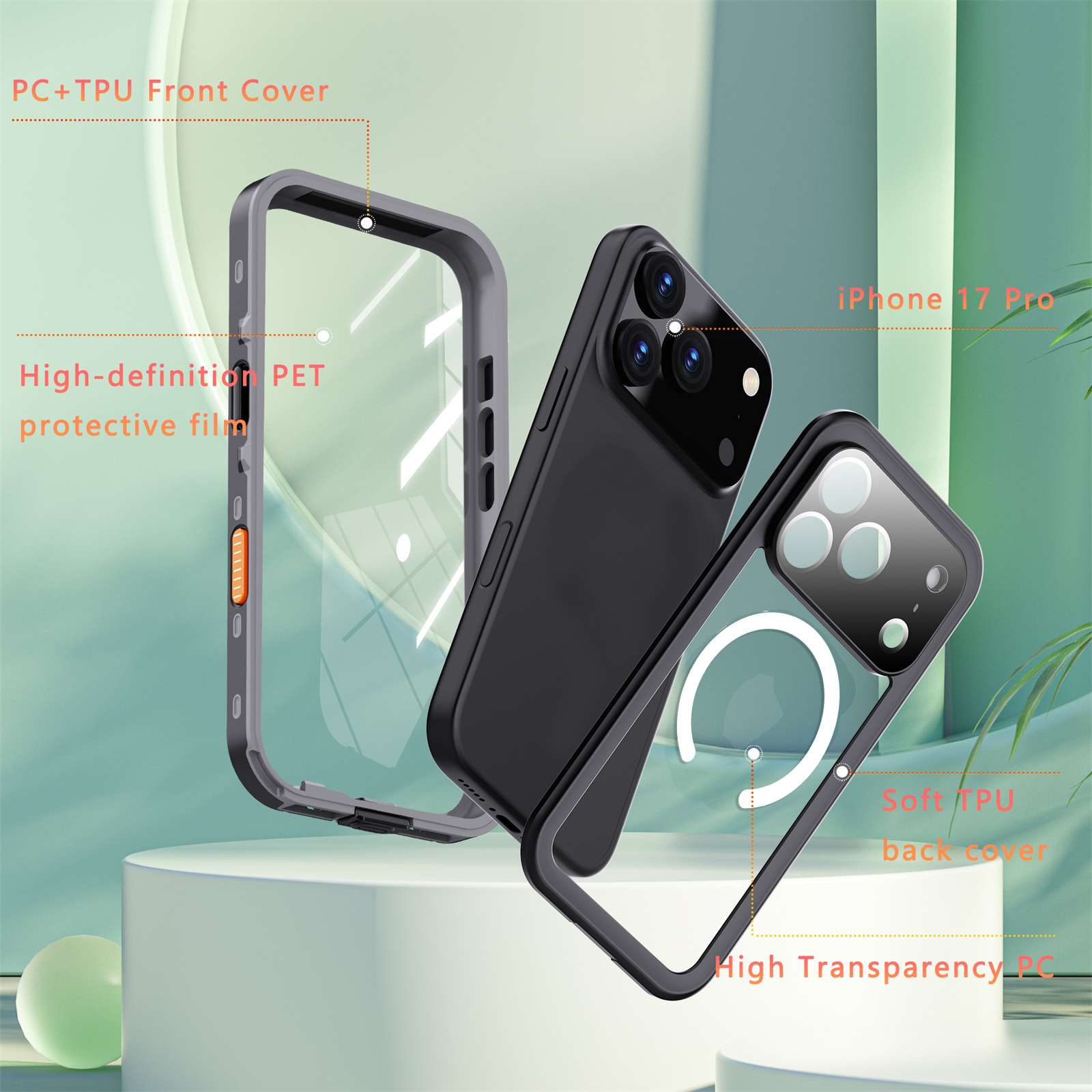 Ein iPhone 17 Pro mit schwarzem Gehäuse. Die Hülle hat eine klare Front- und eine weiche TPU-Rückseite.