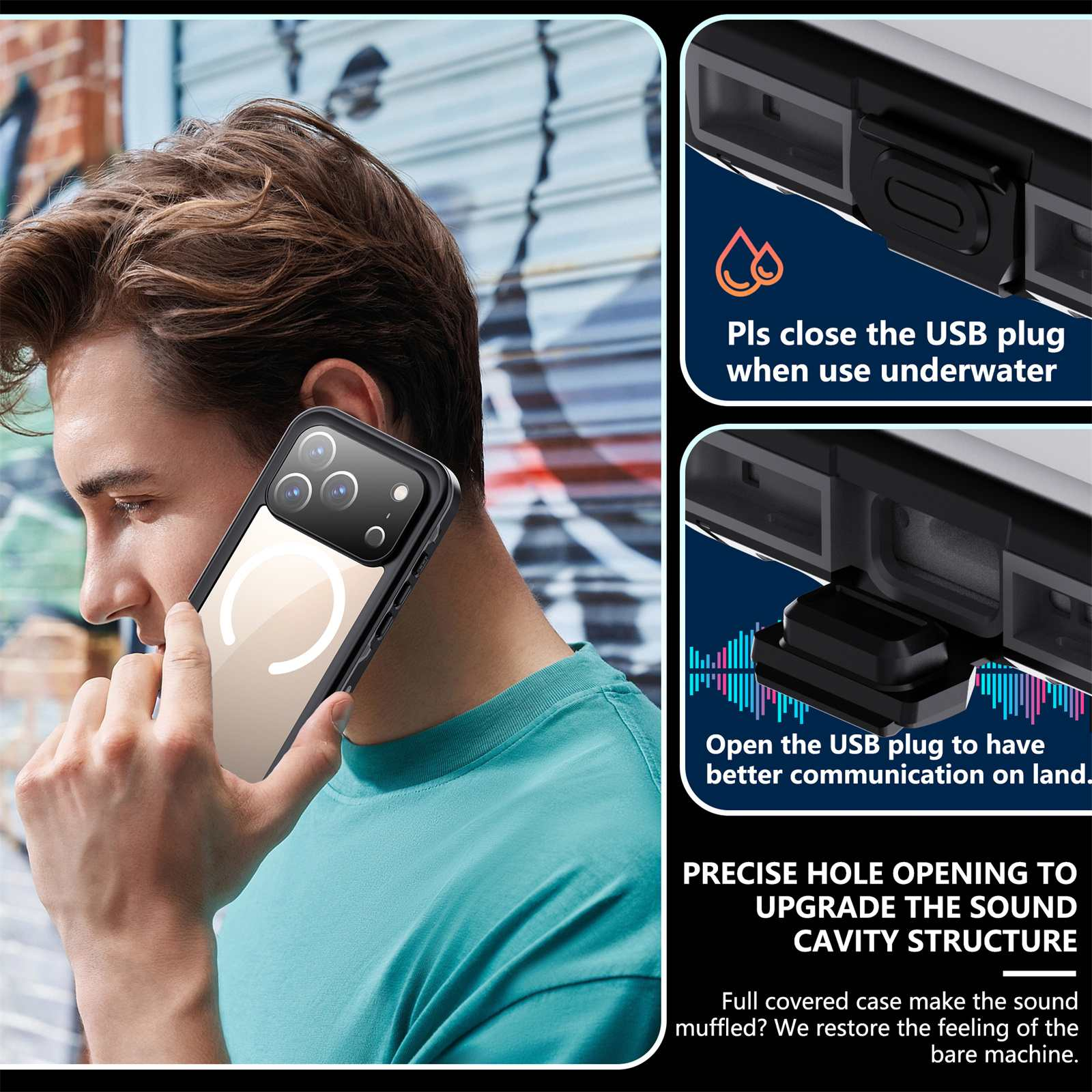 Ein Mann hält ein Telefon in einer Hülle. Das Bild zeigt Details über die Hülle und ihre Funktionen.
