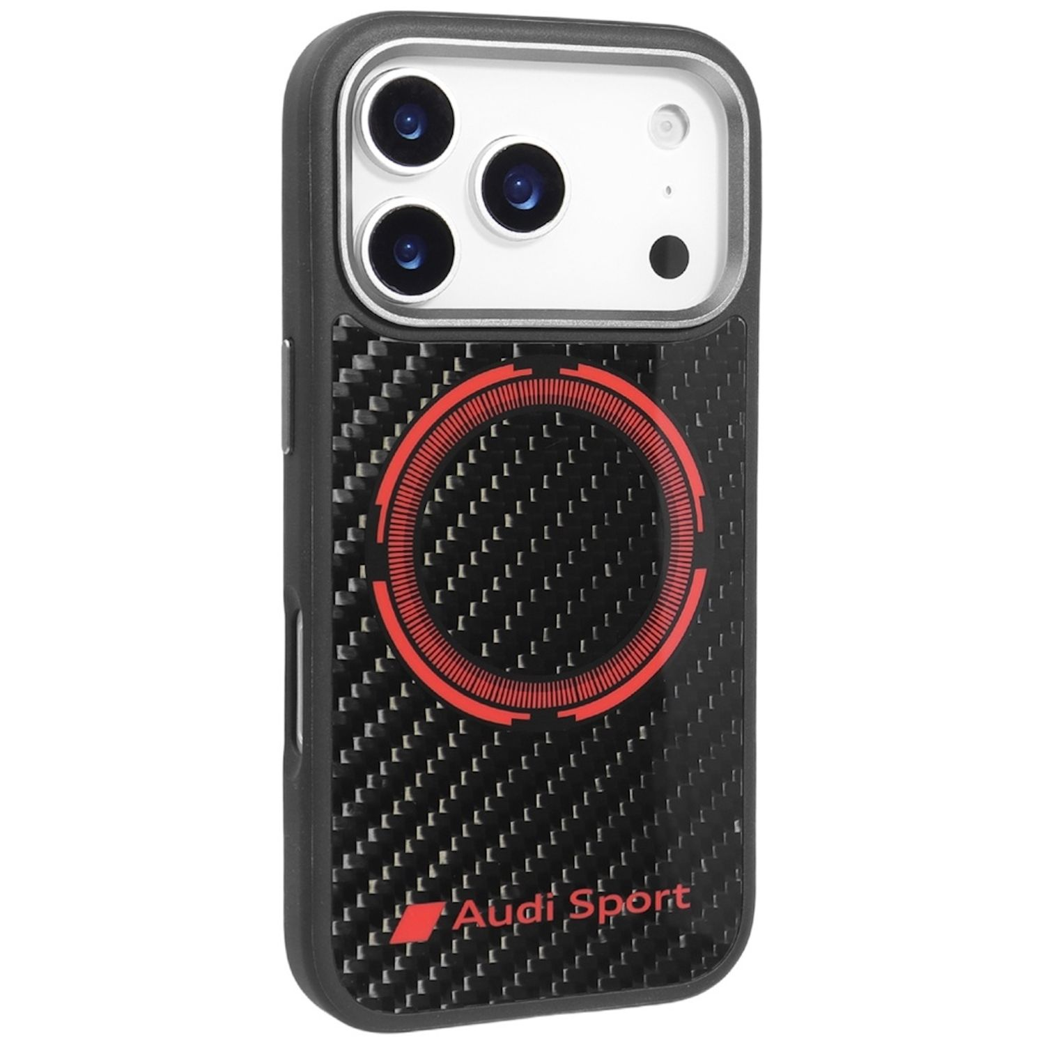 Custodia per telefono nera con logo Audi Sport. Presenta un design circolare rosso, trama in fibra di carbonio e area fotocamera.