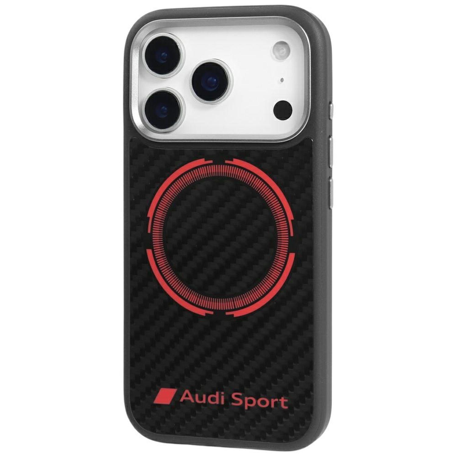 Custodia per telefono nera con logo Audi Sport rosso. Presenta lenti della fotocamera e motivo in fibra di carbonio.