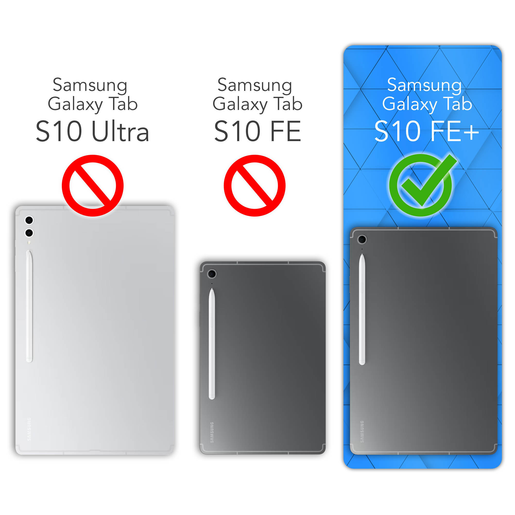 Das Bild zeigt drei Samsung Galaxy Tab-Tablets: S10 Ultra (nein), S10 FE (nein) und S10 FE+ (ja).