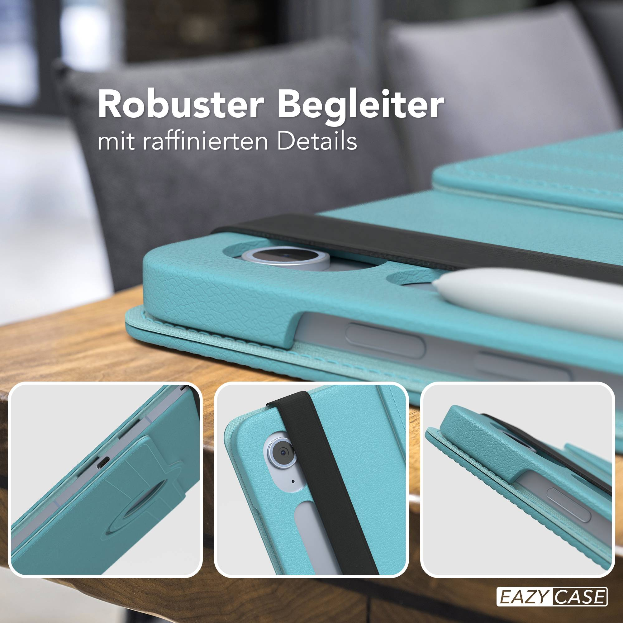Eine türkisfarbene Tablethülle mit einem schwarzen Riemen und einem weißen Stift.  Text: Robuster Begleiter mit raffinierten Details.
