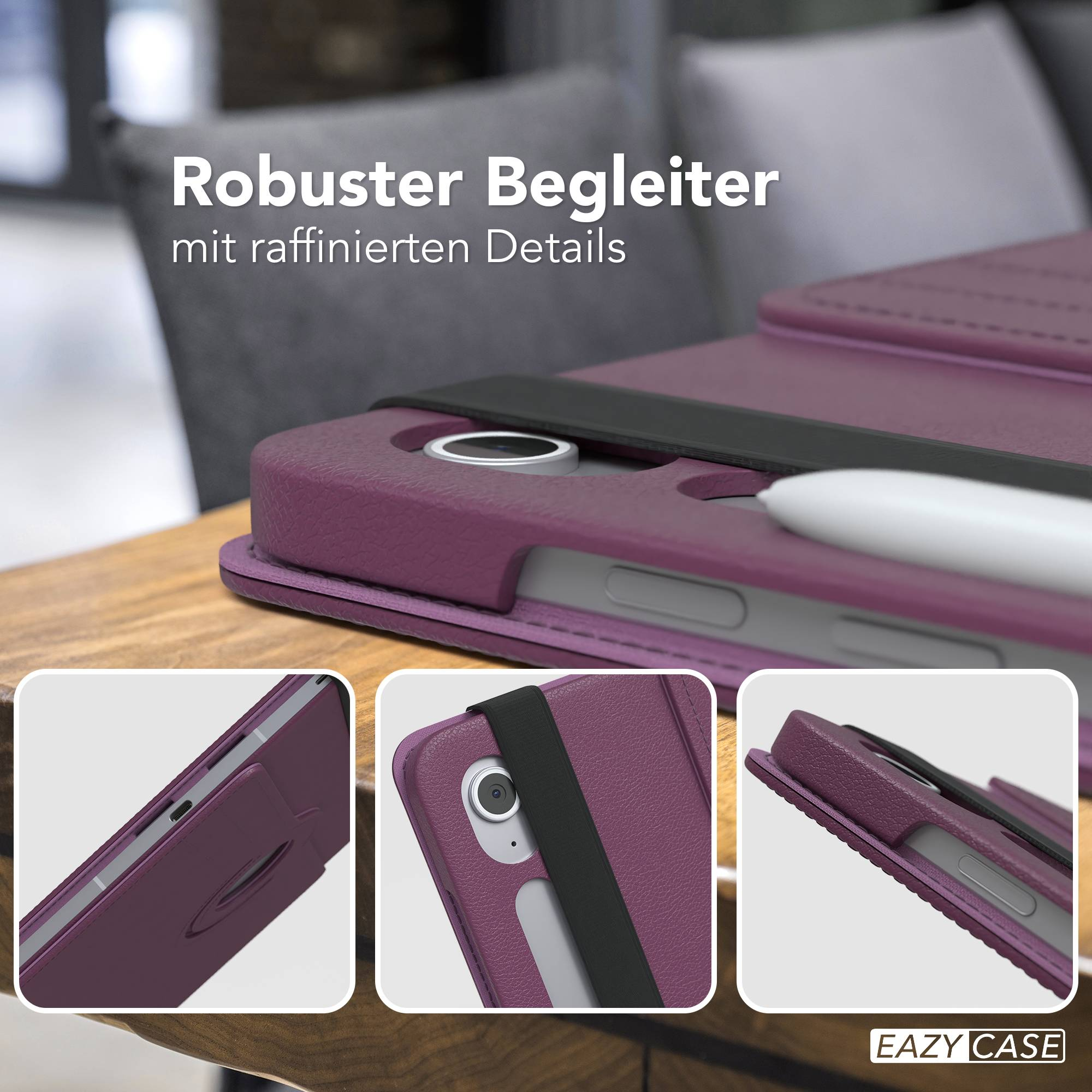 Lila Tablethülle mit schwarzem Riemen und weißem Stift. Die Hülle liegt auf einer Holzoberfläche. Text auf dem Bild.