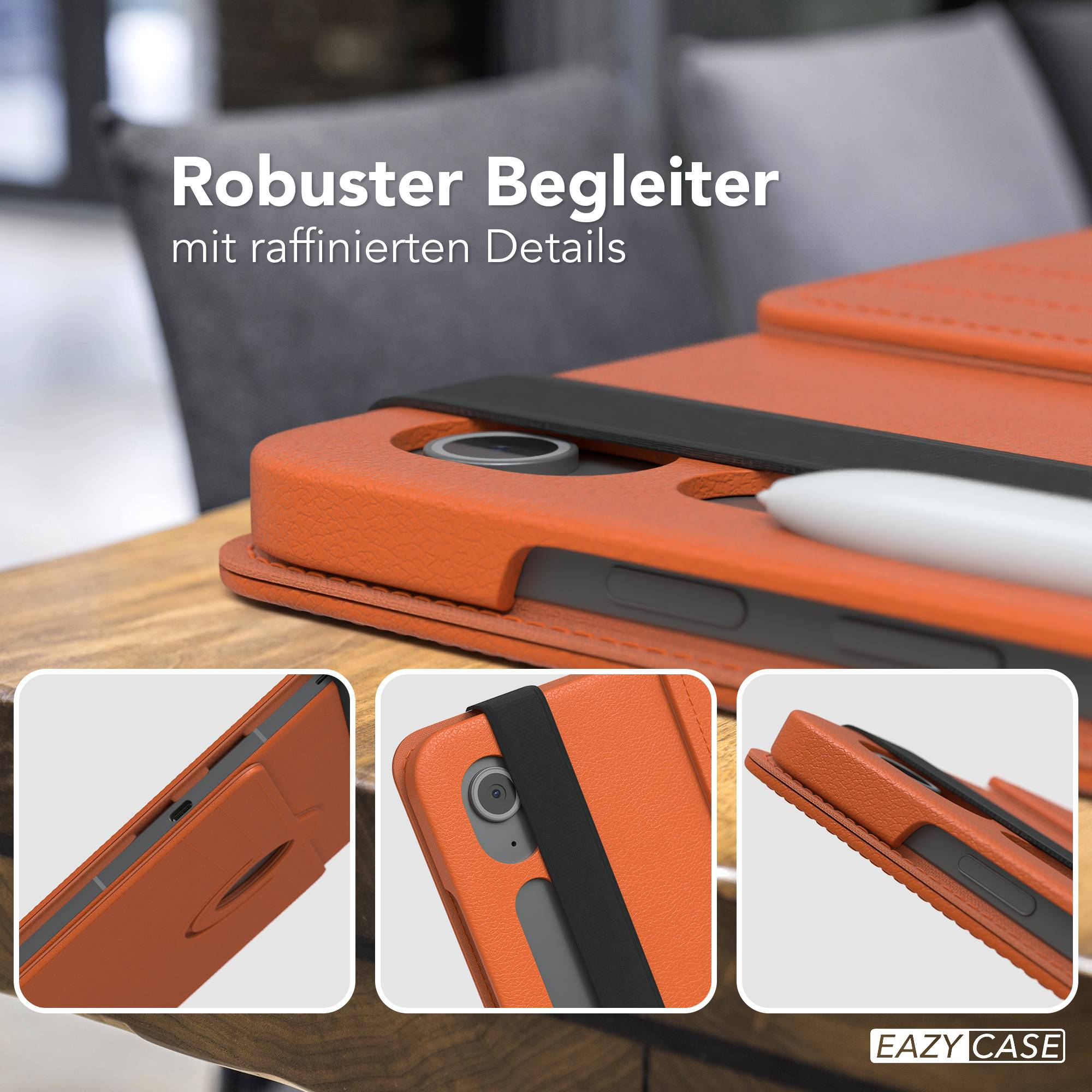 Eine orangefarbene Tablethülle mit schwarzem Riemen. Der Text lautet 'Robuster Begleiter mit raffinierten Details'. Enthält Nahaufnahmen.