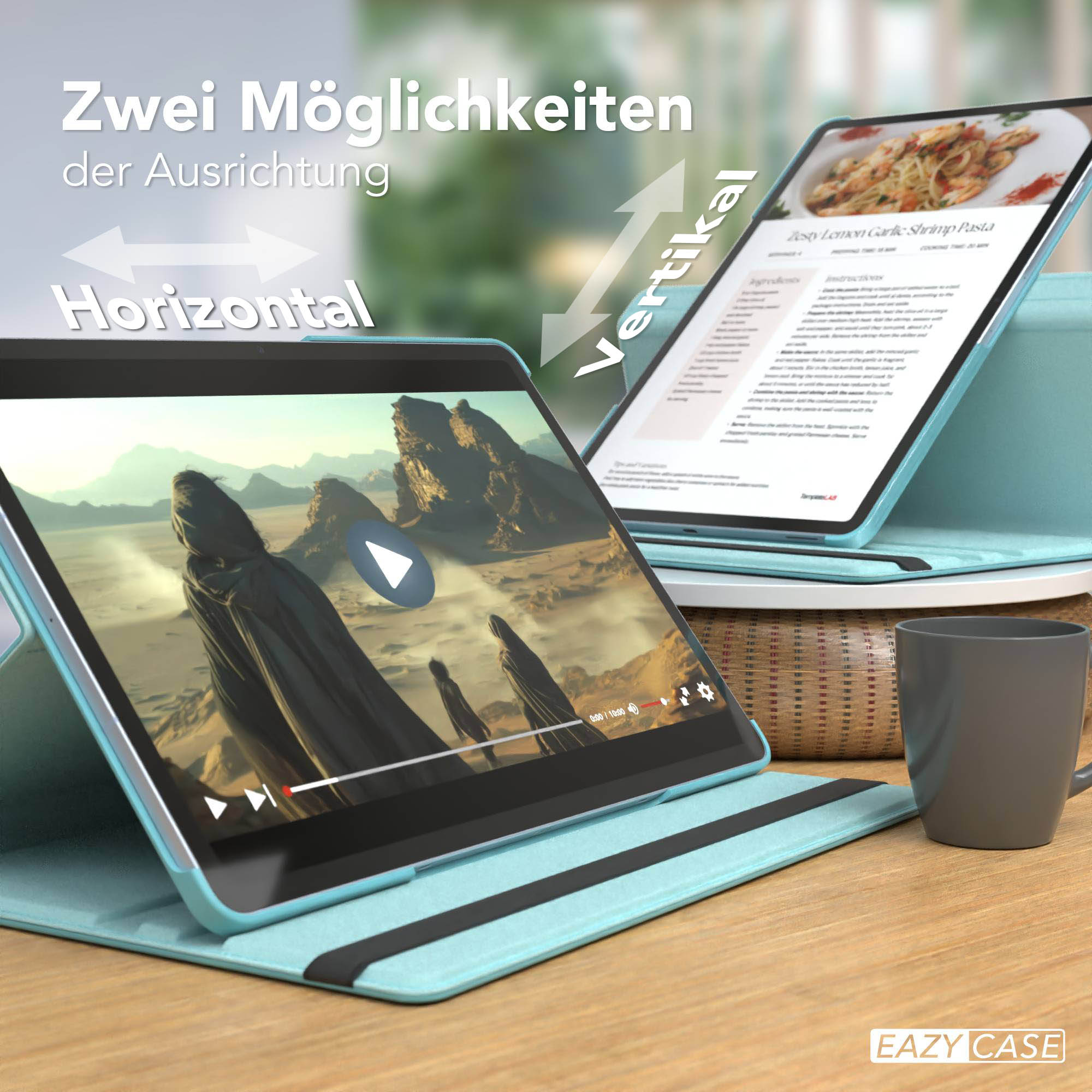Tablets in Hüllen, eines zeigt ein Video, das andere ein Rezept. Pfeile zeigen horizontale und vertikale Ausrichtung an.