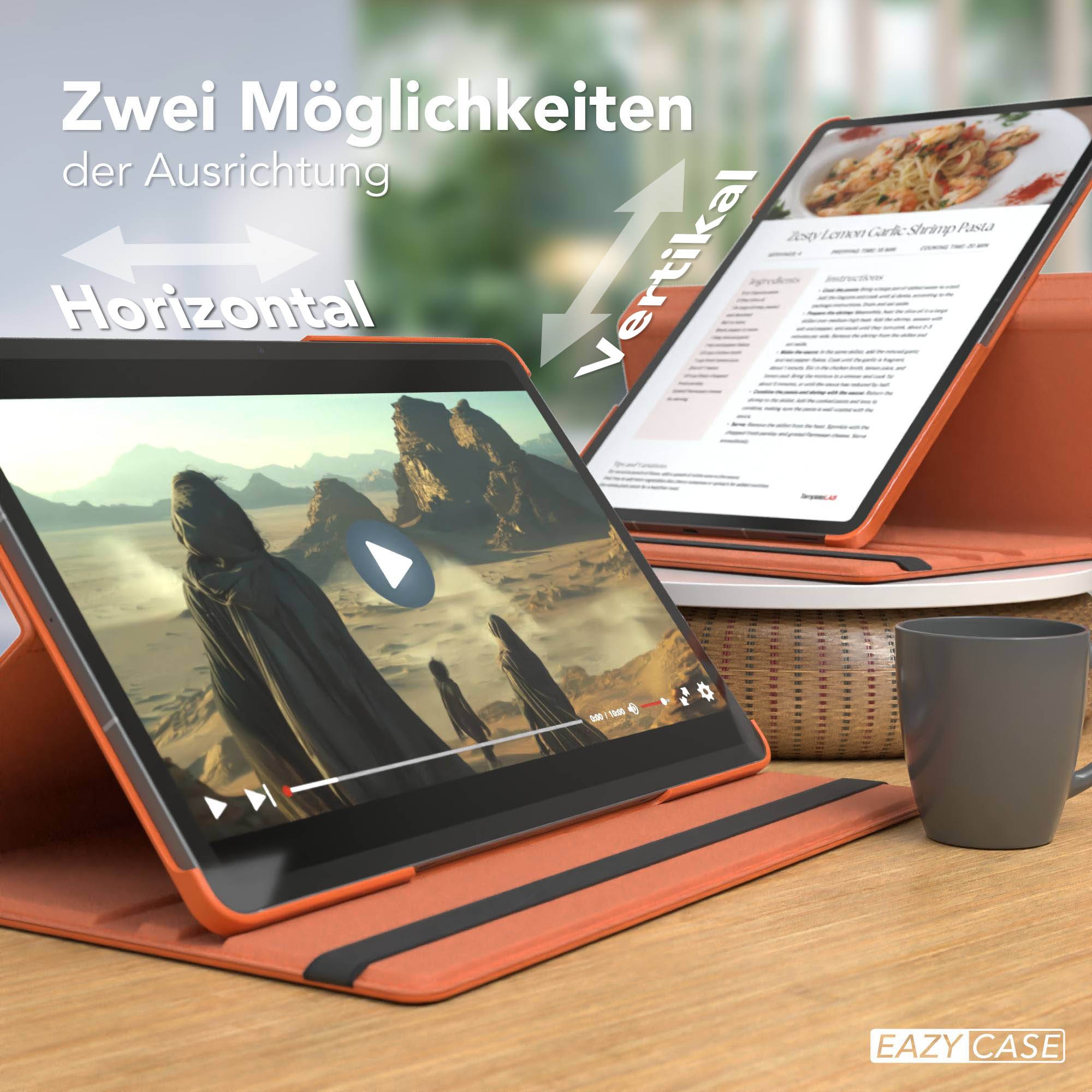 Tablets in orangefarbenen Hüllen, eines zeigt ein Video, das andere ein Rezept. Text zeigt horizontale und vertikale Ausrichtung.