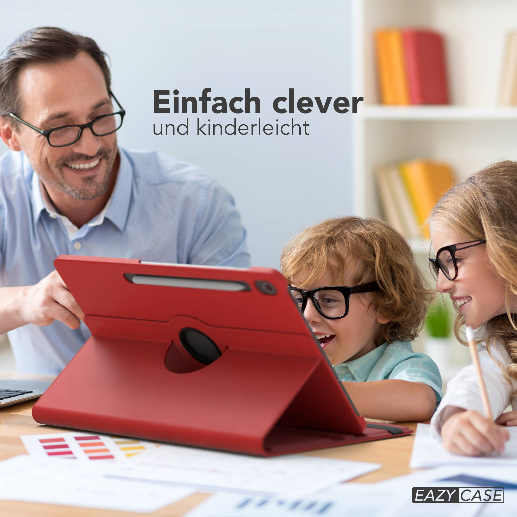 Ein Mann und zwei Kinder mit Brille betrachten ein rotes Tablet. Die Szene deutet auf Bildung oder Unterhaltung hin.