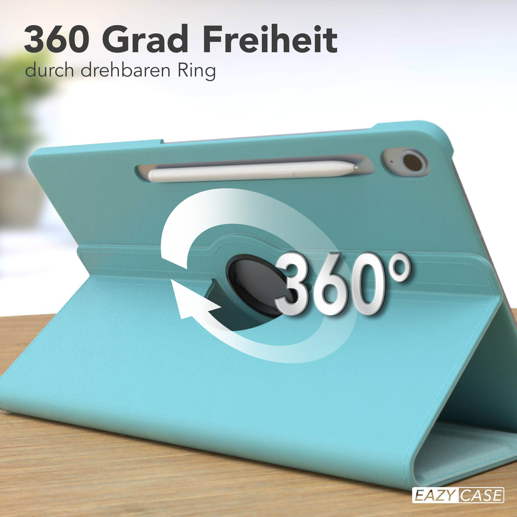 Eine türkisfarbene Tablethülle mit 360-Grad-Drehring wird angezeigt. Die Hülle hält einen Stift. Text: 360 Grad Freiheit.