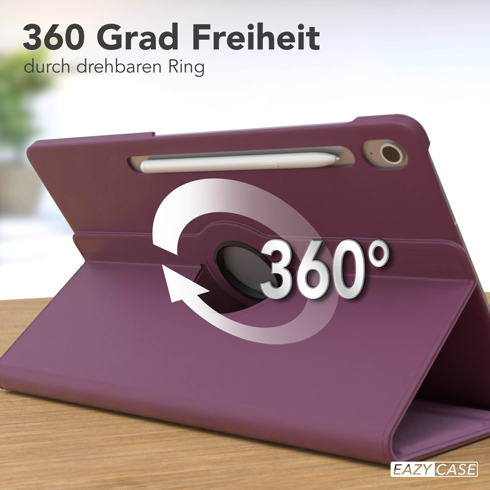 Lila Tablethülle mit 360-Grad-Drehung. Weiße Pfeilgrafik. Die Hülle liegt auf einer Holzoberfläche. Die Marke ist Eazy Case.