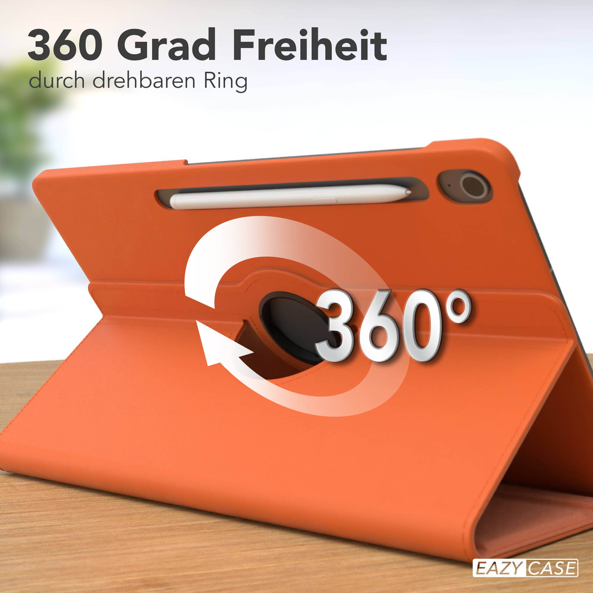 Orangene Tablethülle mit 360-Grad-Drehring. Ein weißer Pfeil und der Text '360°' sind mittig.