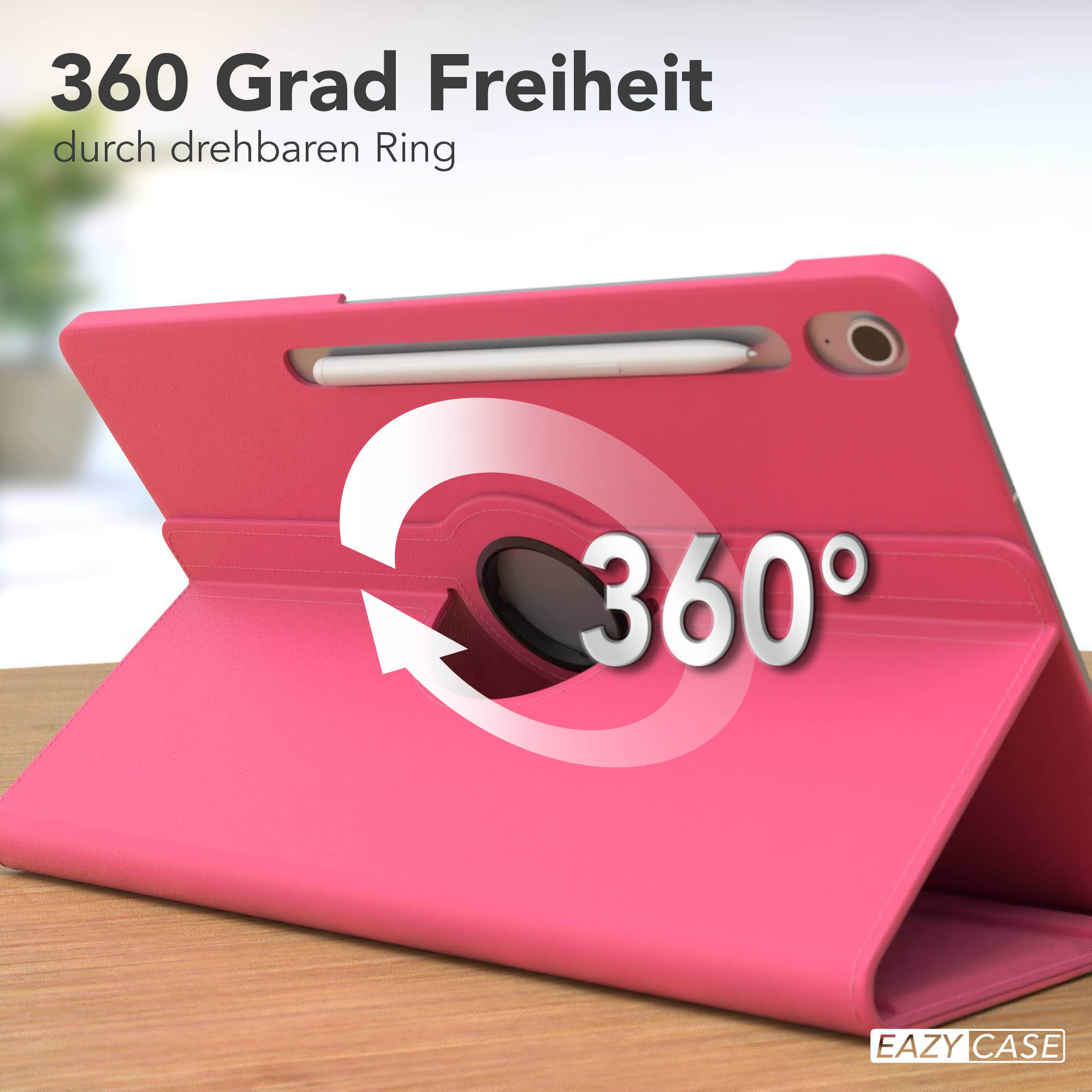 Eine pinkfarbene Tablethülle mit drehbarem Ring wird angezeigt. Der Text lautet 360 Grad Freiheit, mit einem 360-Grad-Symbol.