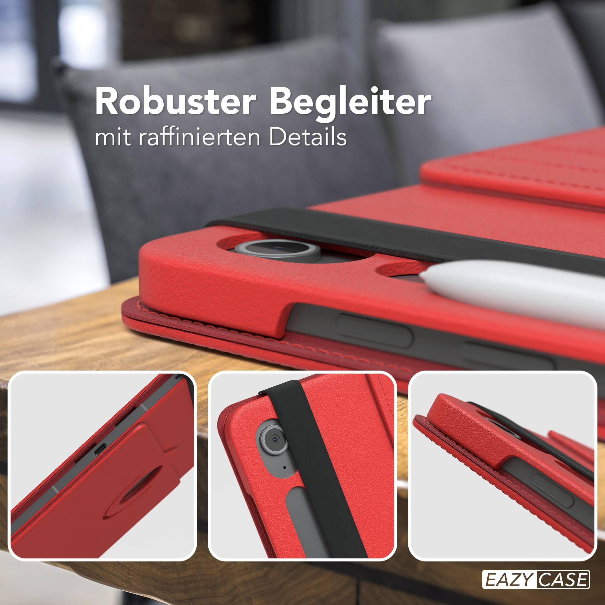 Rote Lederhülle für Tablet mit schwarzem Gurt. Weißer Stift oben. Drei inset Bilder von Gehäusedetails.