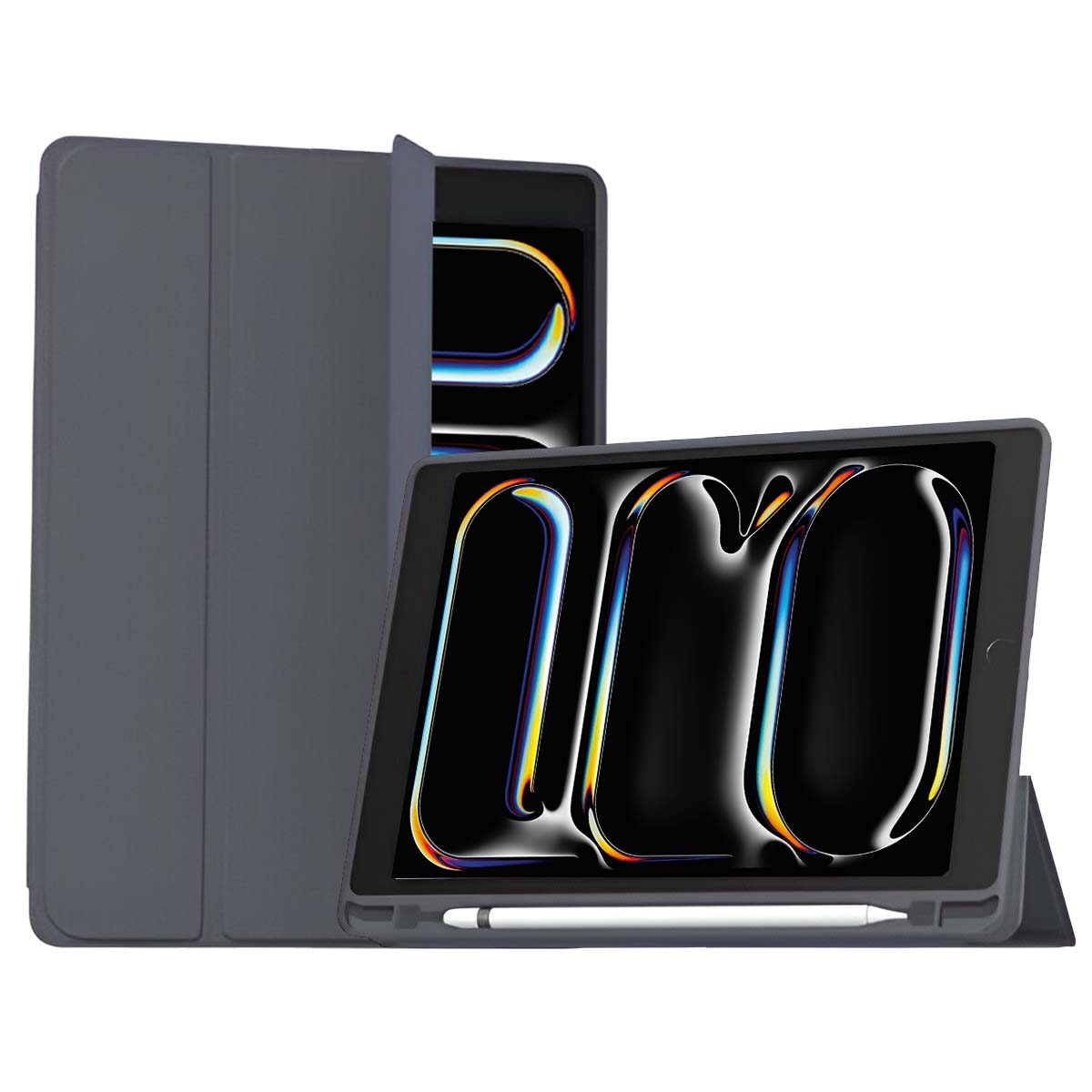 Un tablet con custodia è in mostra. Lo schermo mostra lettere colorate. È visibile una penna. La custodia è grigia.