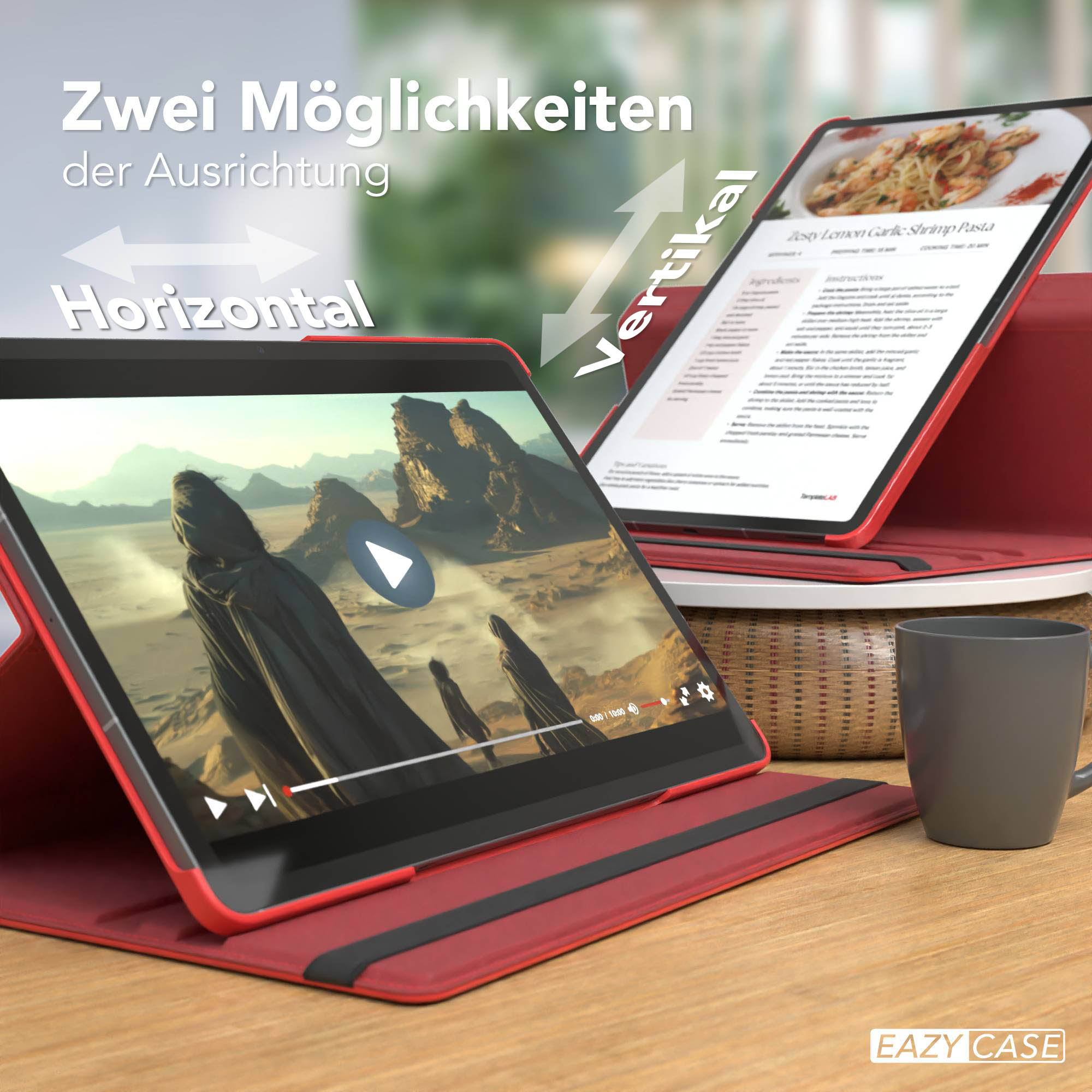Zwei Tablets, eines horizontal, eines vertikal, zeigen Inhalte. Ein Becher befindet sich neben dem vertikalen Tablet. Text: Zwei Möglichkeiten der Ausrichtung.