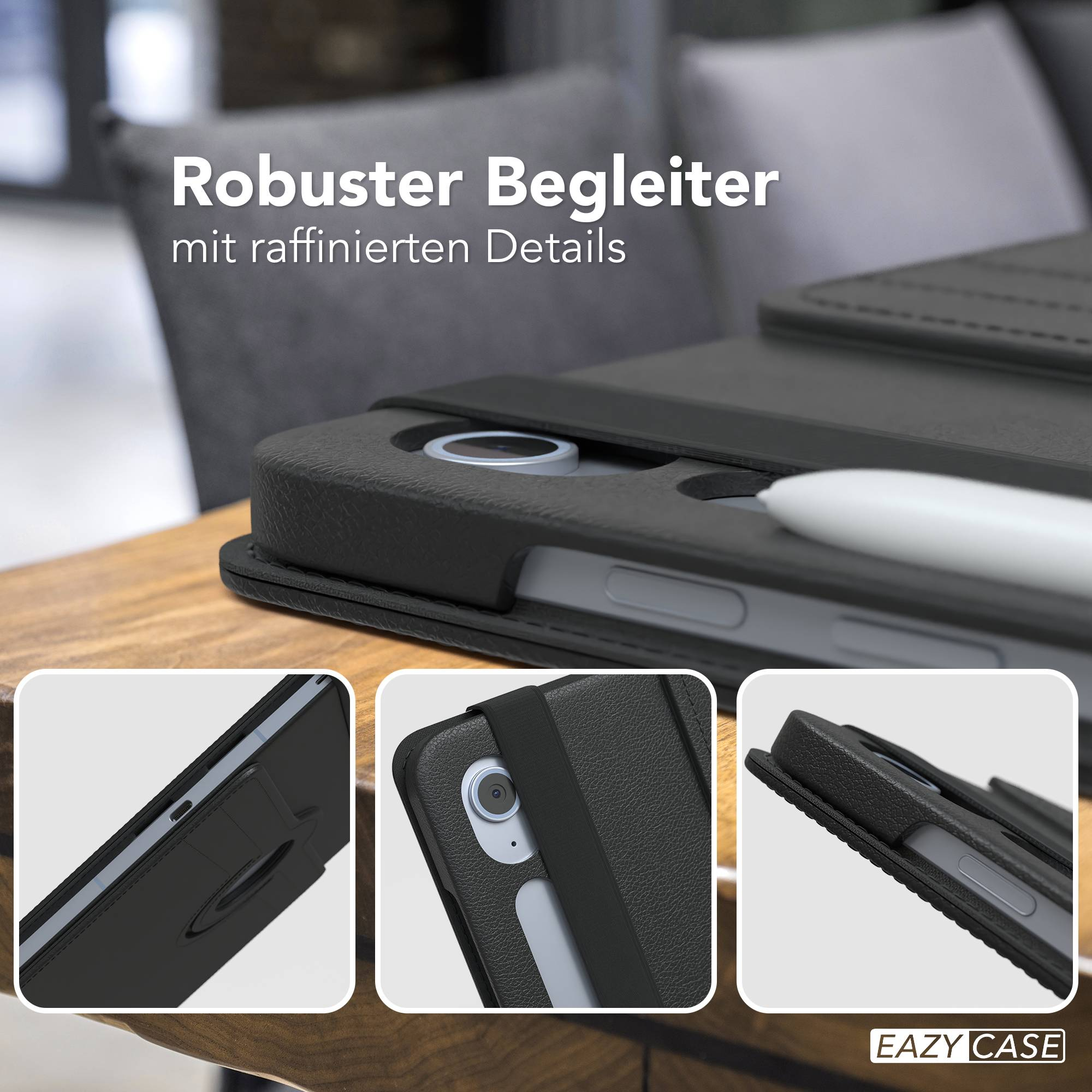 Eine schwarze Tablethülle mit Stift und Tablet. Die Hülle liegt auf Holz mit verschwommenem Hintergrund.