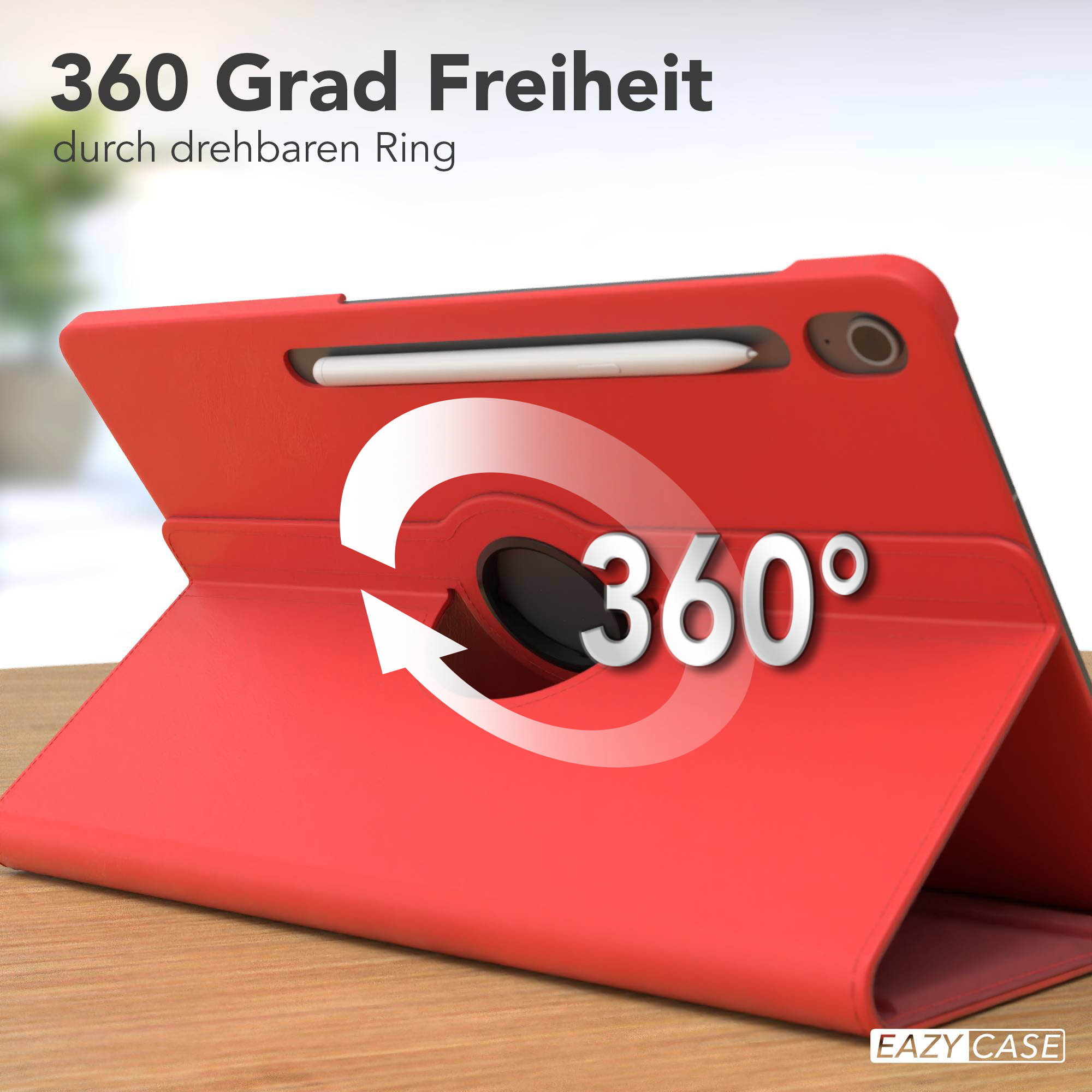 Rote Tablet-Hülle mit weißer Pfeilgrafik, die eine 360-Grad-Drehung zeigt. Ein weißer Stift ist eingesetzt. Der Hintergrund ist unscharf.