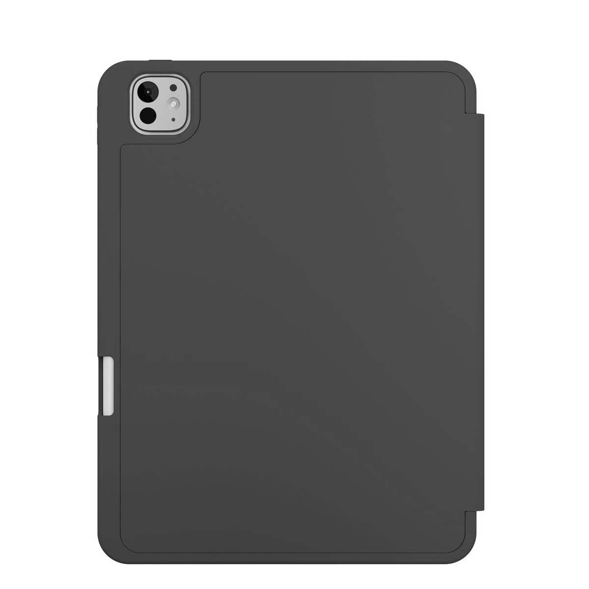 Una custodia per tablet grigio scuro. Il retro ha un'area fotocamera, il davanti un coperchio. Striscia bianca a sinistra.