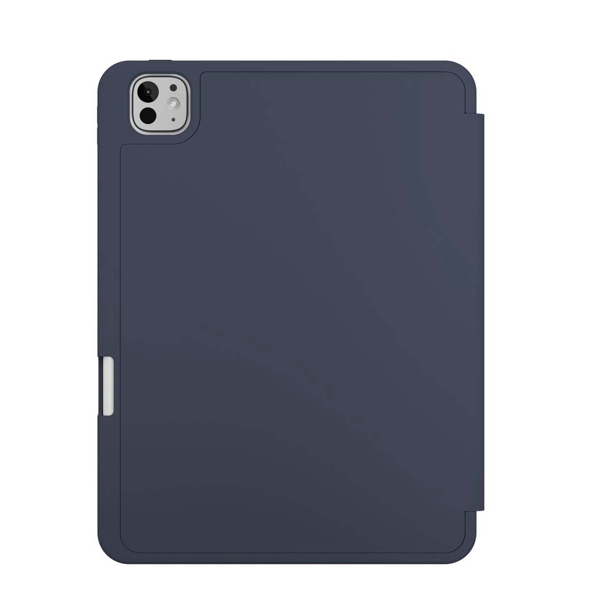 Una custodia per tablet blu scuro. La fotocamera e una striscia bianca sono visibili. La custodia ha un lembo sul lato destro.