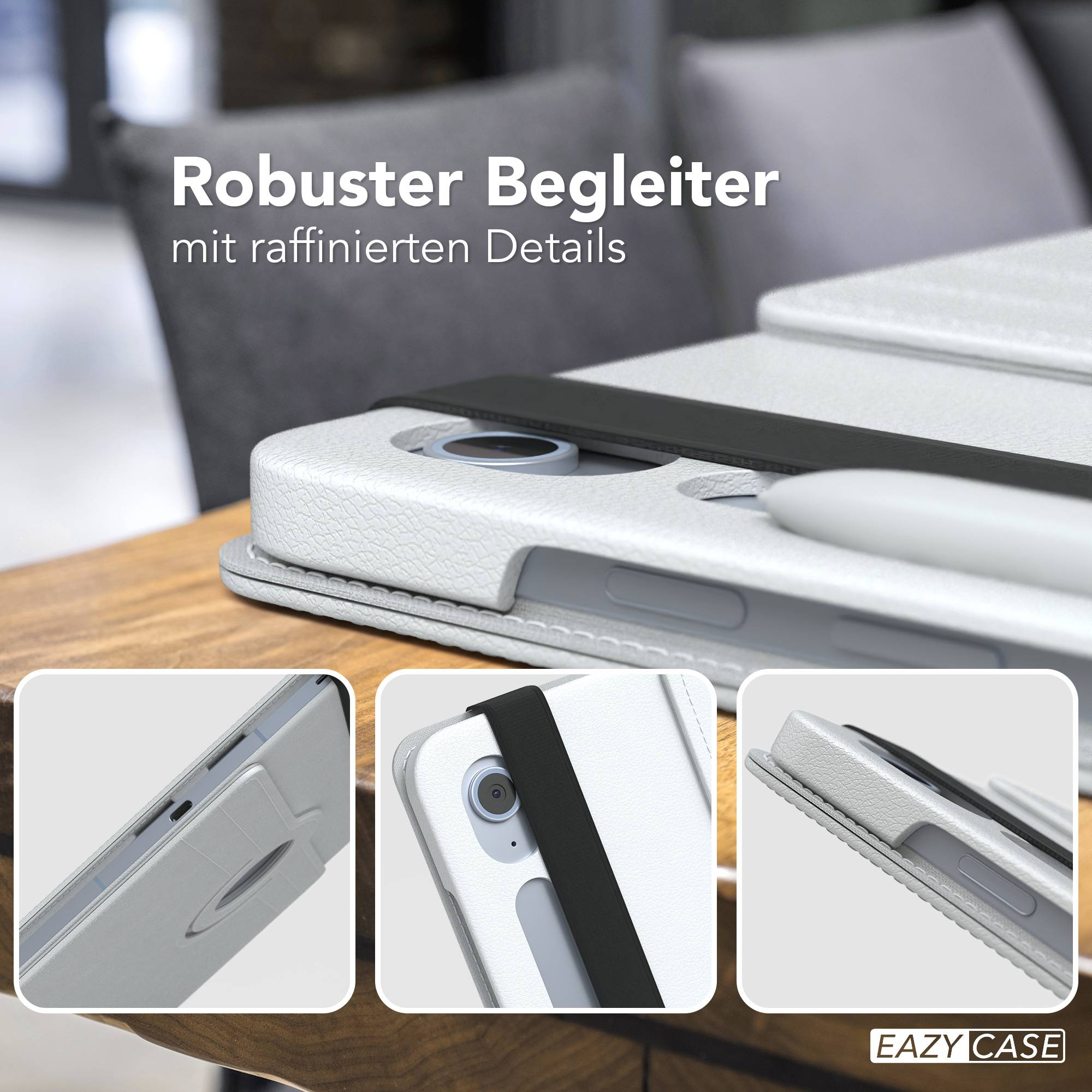 Weiße Tablethülle mit schwarzem Riemen, Stift und Details. Holz-Tischhintergrund, graues Sofa hinten. Text: Robuster Begleiter.
