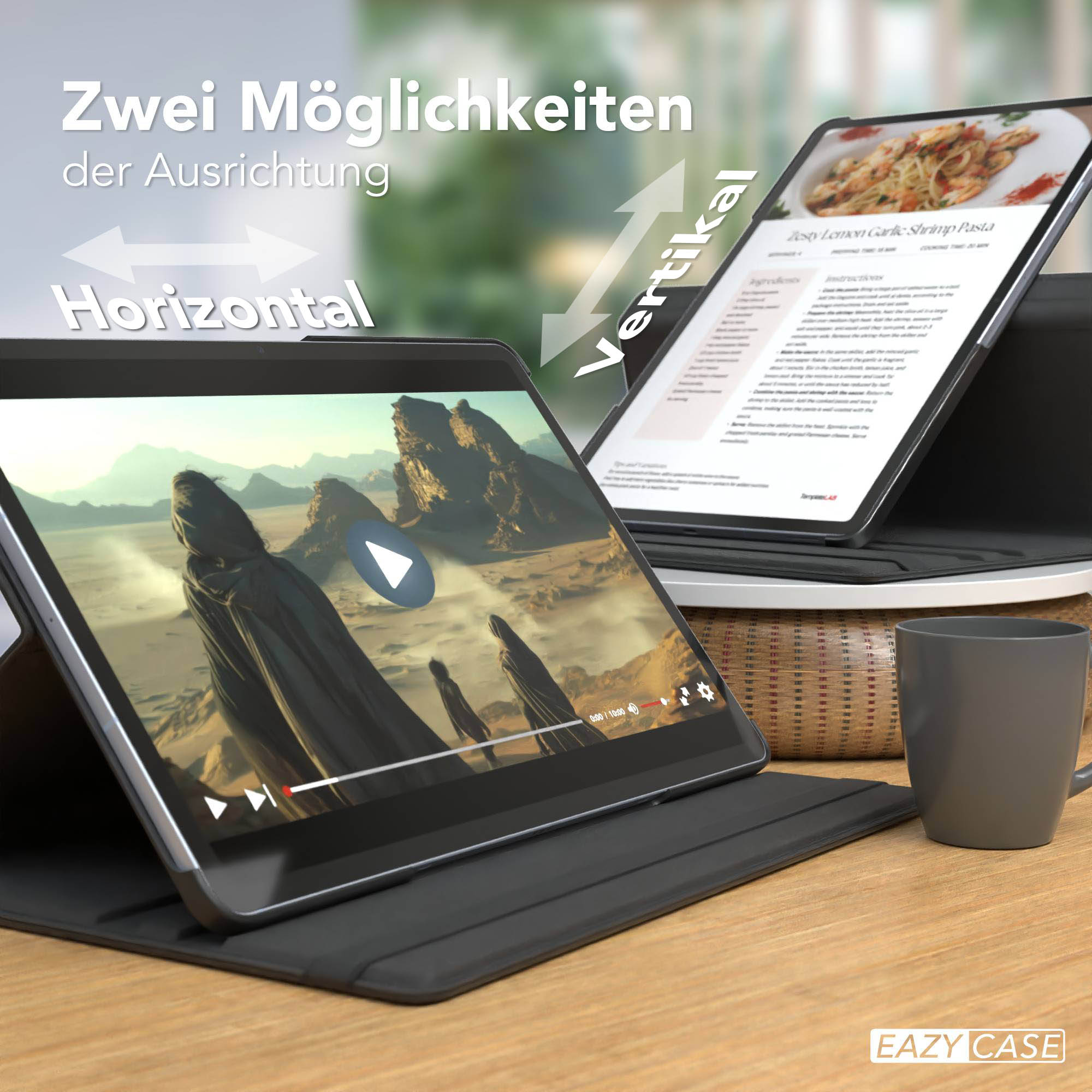 Zwei Tablets zeigen unterschiedliche Inhalte. Eines zeigt ein Video, das andere ein Rezept für Garnelen-Pasta. Beide stehen auf Holz.
