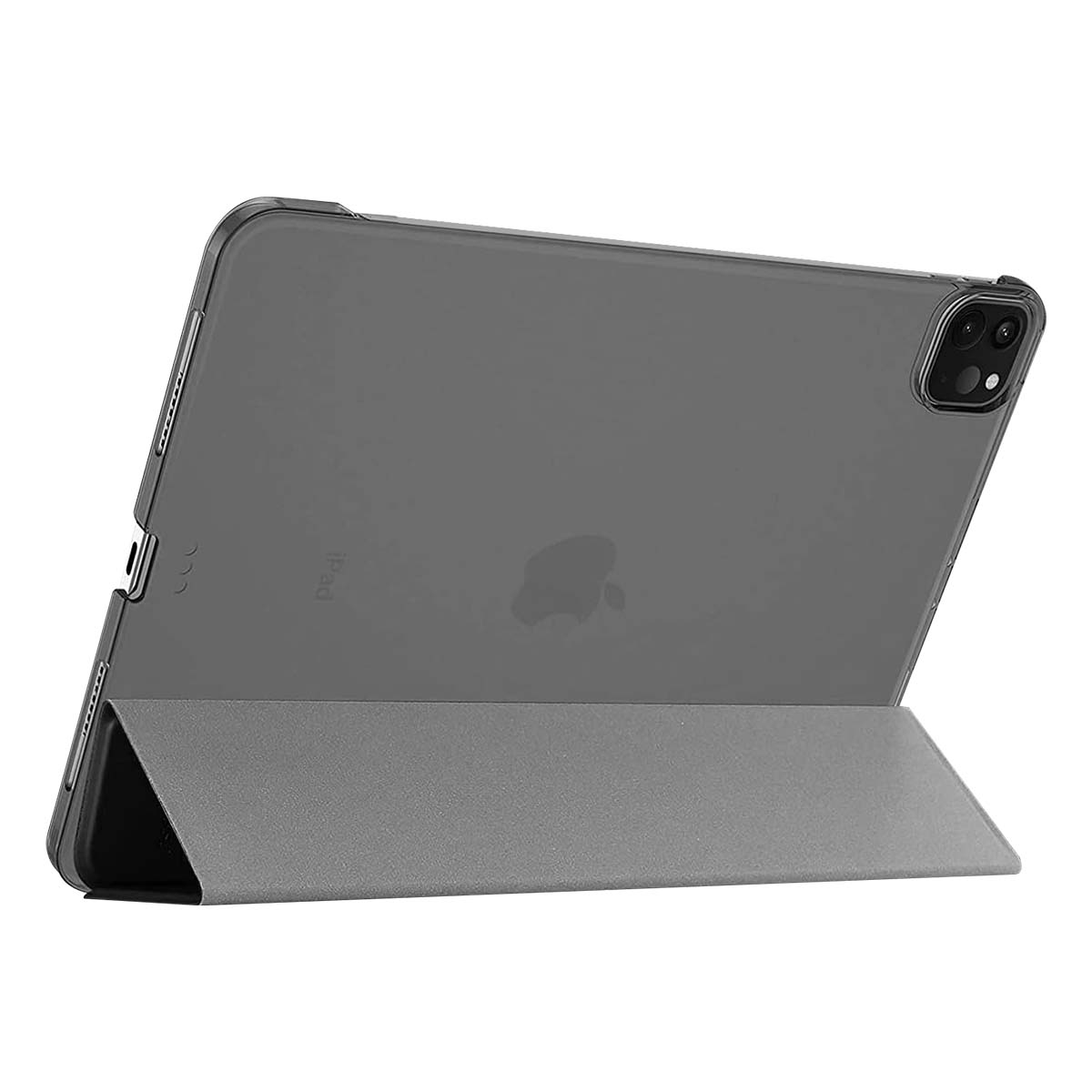 Un iPad grigio in una custodia protettiva, sostenuto dalla sua cover. Il logo Apple è visibile sul retro. La cover è piegata.