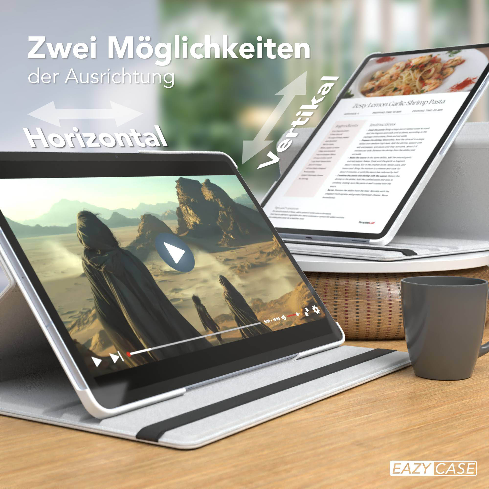 Zwei Tablets zeigen Inhalte an. Eines zeigt ein Video, das andere ein Rezept. Pfeile weisen auf horizontale und vertikale Ausrichtung hin.