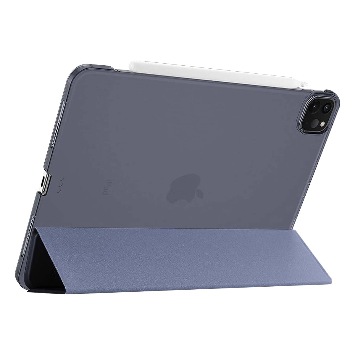 Un iPad in una custodia blu con una penna bianca. La custodia è piegata per sostenere l'iPad.