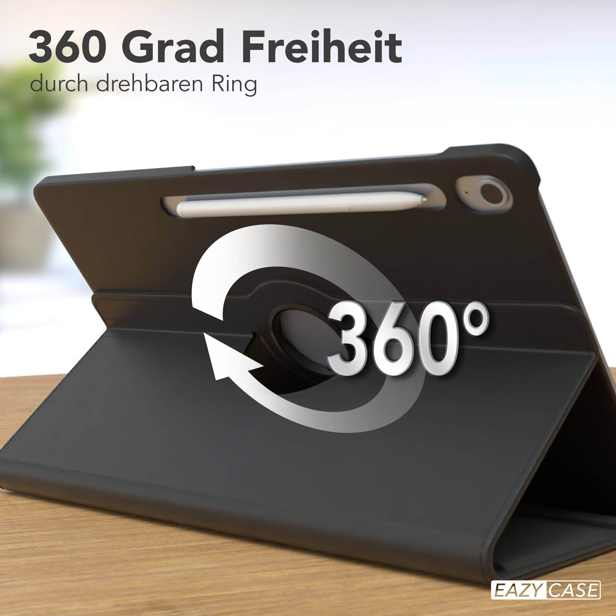 Schwarze Tablethülle mit 360-Grad-Drehung, weißem Stift und Textüberlagerung. Die Hülle liegt auf einer Holzoberfläche.