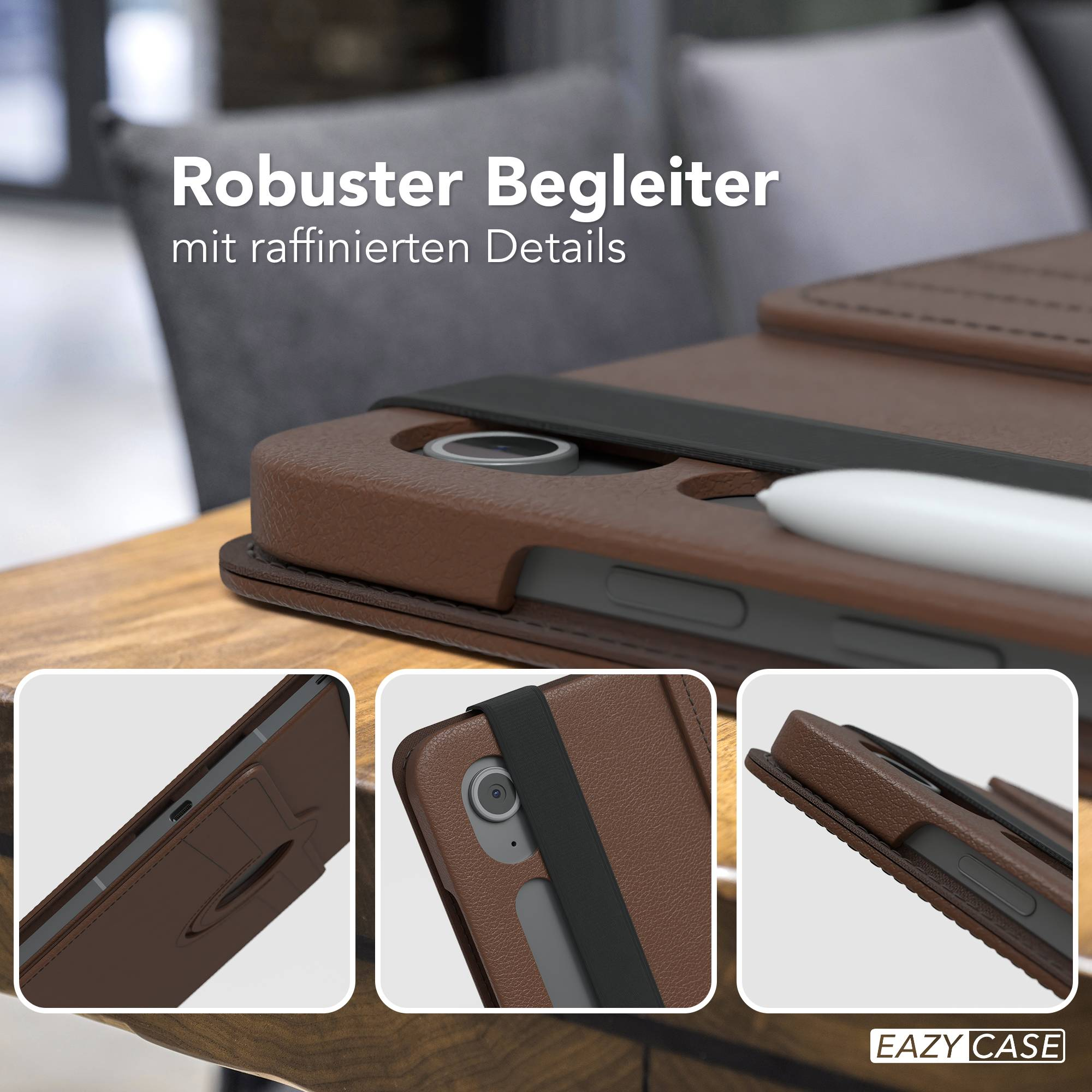 Braune Leder-Tablethülle mit schwarzem Riemen und weißem Stift auf einem Holztisch. Text oben lautet 'Robuster Begleiter'.
