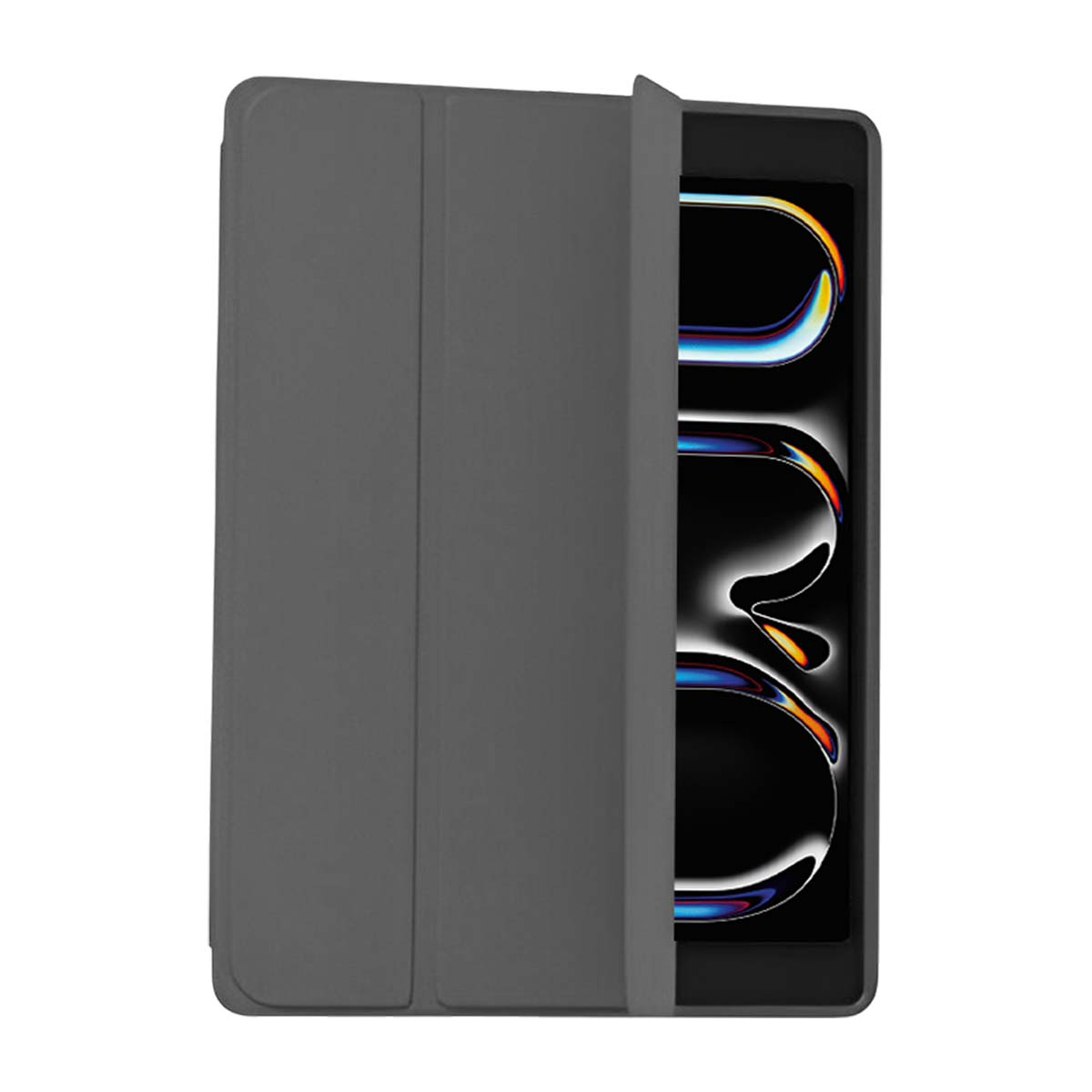 Un tablet grigio con una cover scura parzialmente aperta, che rivela lo schermo con un design colorato. La cover è a sinistra.