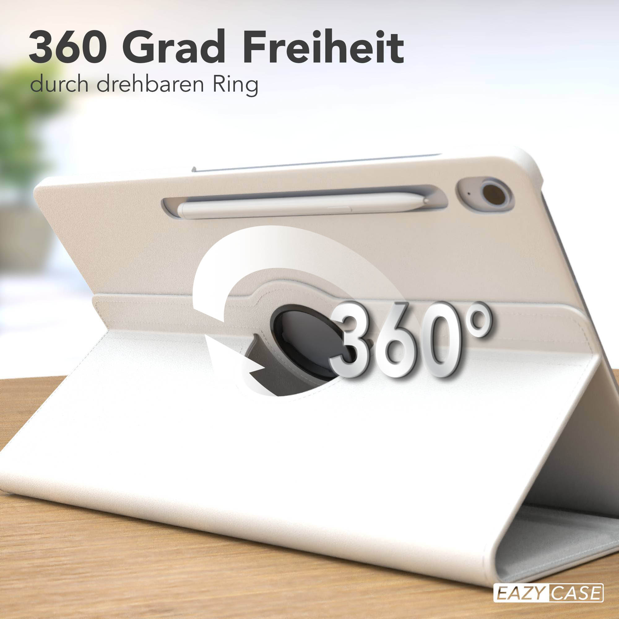 Eine Tablet-Hülle mit 360-Grad-Drehung. Text lautet '360 Grad Freiheit'. Die Hülle ist beige und hat einen Stift.