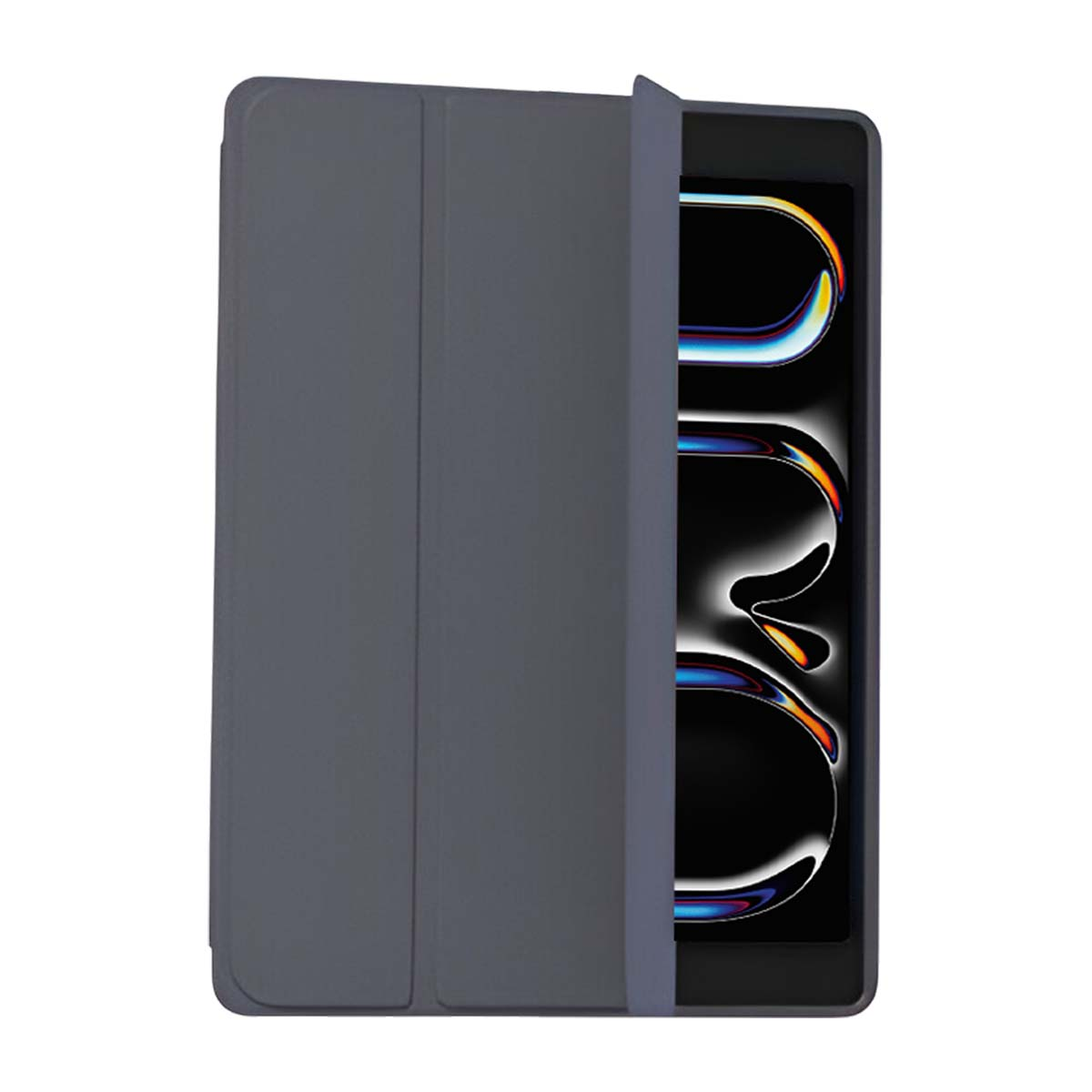 Un tablet in una custodia grigia, parzialmente aperto. Lo schermo mostra uno sfondo nero con linee curve bianche e arancioni.