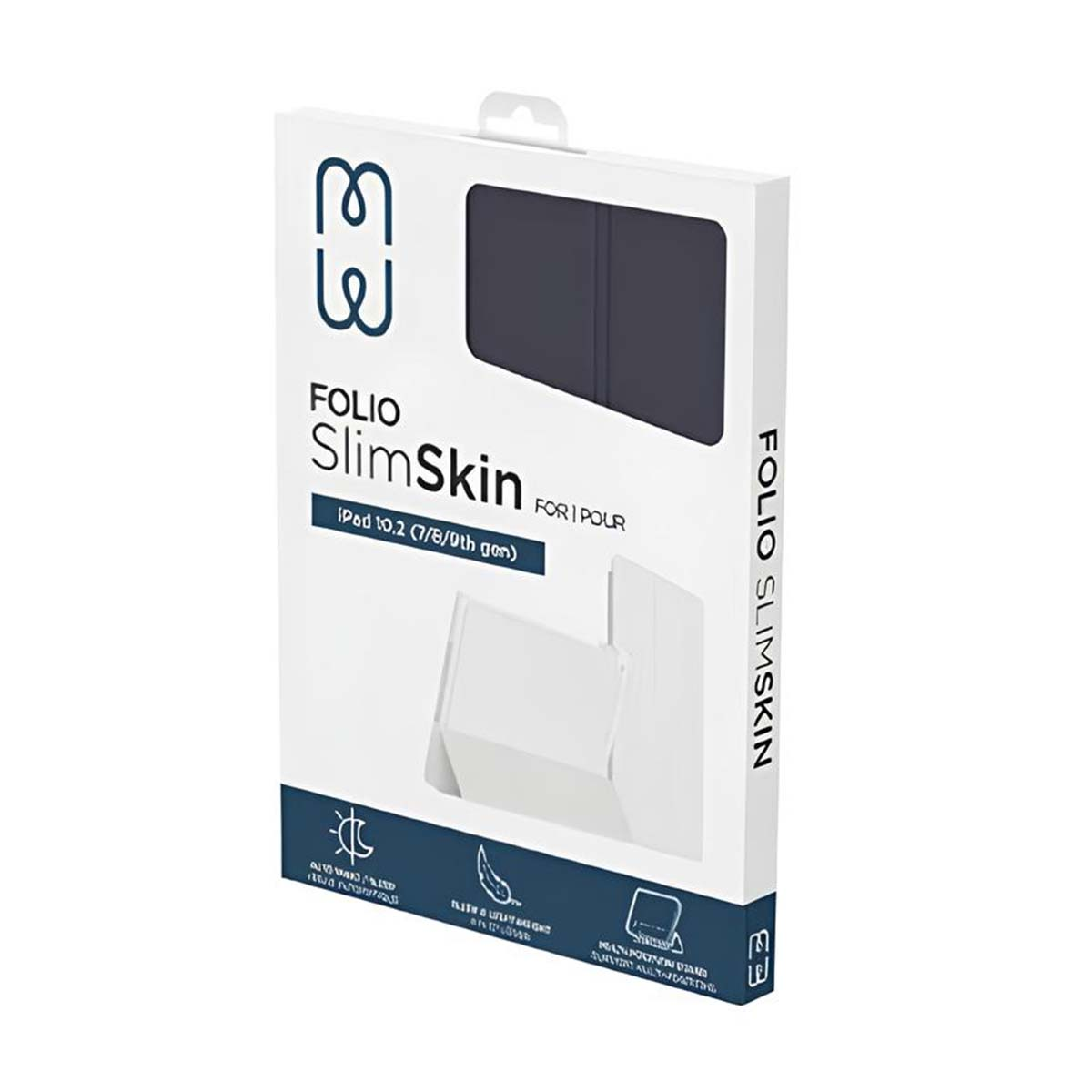 Una scatola bianca mostra 'Folio SlimSkin' per iPad. Ha una copertura grigio scuro visibile. Testo e icone sono stampati.
