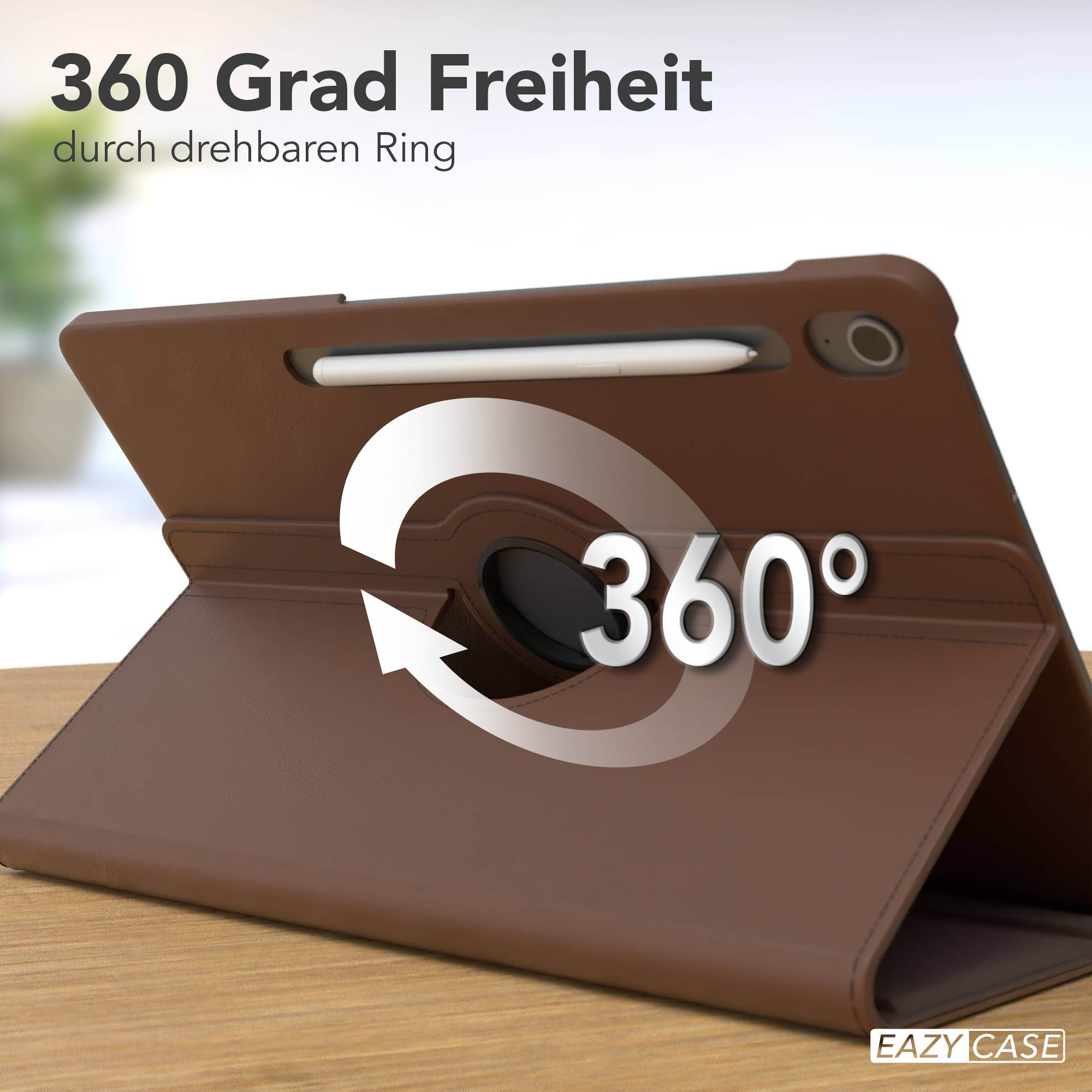 Eine braune Tablethülle mit 360-Grad-Drehfunktion, einem weißen Stift und Text, der Freiheit anzeigt.