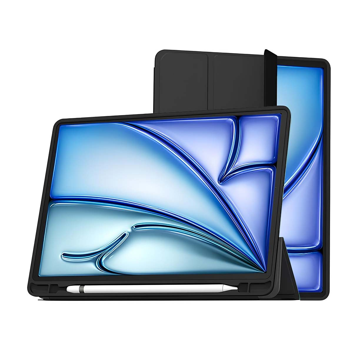 Un tablet in una custodia nera, con uno stilo e una copertura parzialmente aperta. Lo schermo mostra un design astratto blu e bianco.
