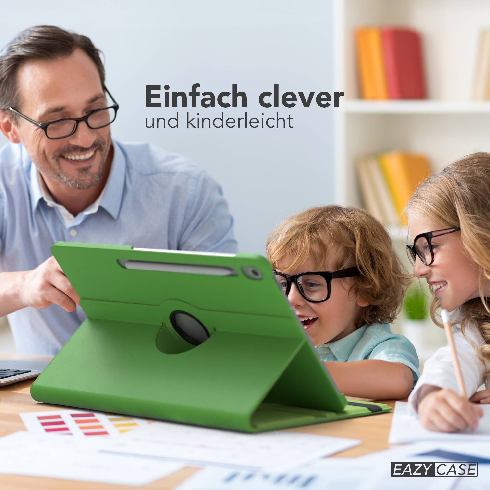 Ein Mann, zwei Kinder mit Brille und eine grüne Tablethülle. Text: Einfach clever und kinderleicht. Eazy Case-Logo.